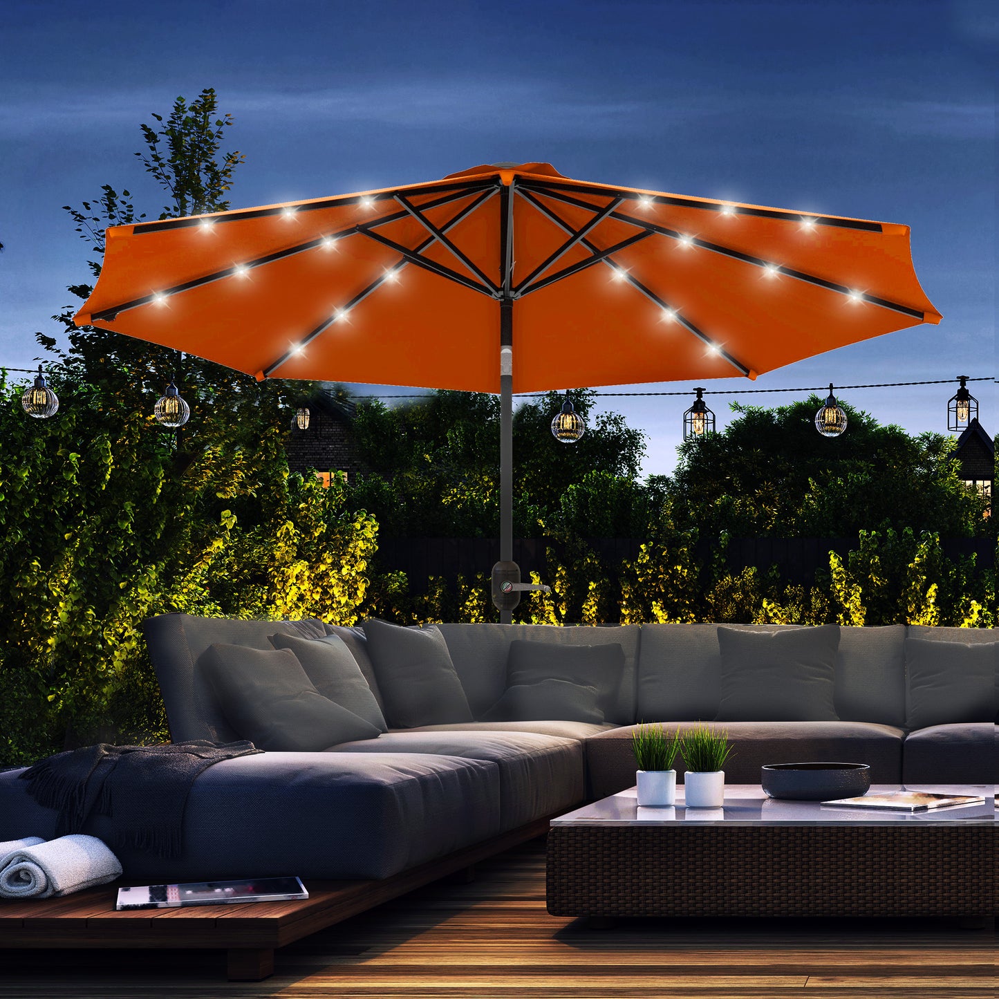 Outsunny 2.7m Solar-Powered Patio Umbrella with Tilt Function and 24 LED Lights, Vibrant Orange - ALL4U RETAILER LTD