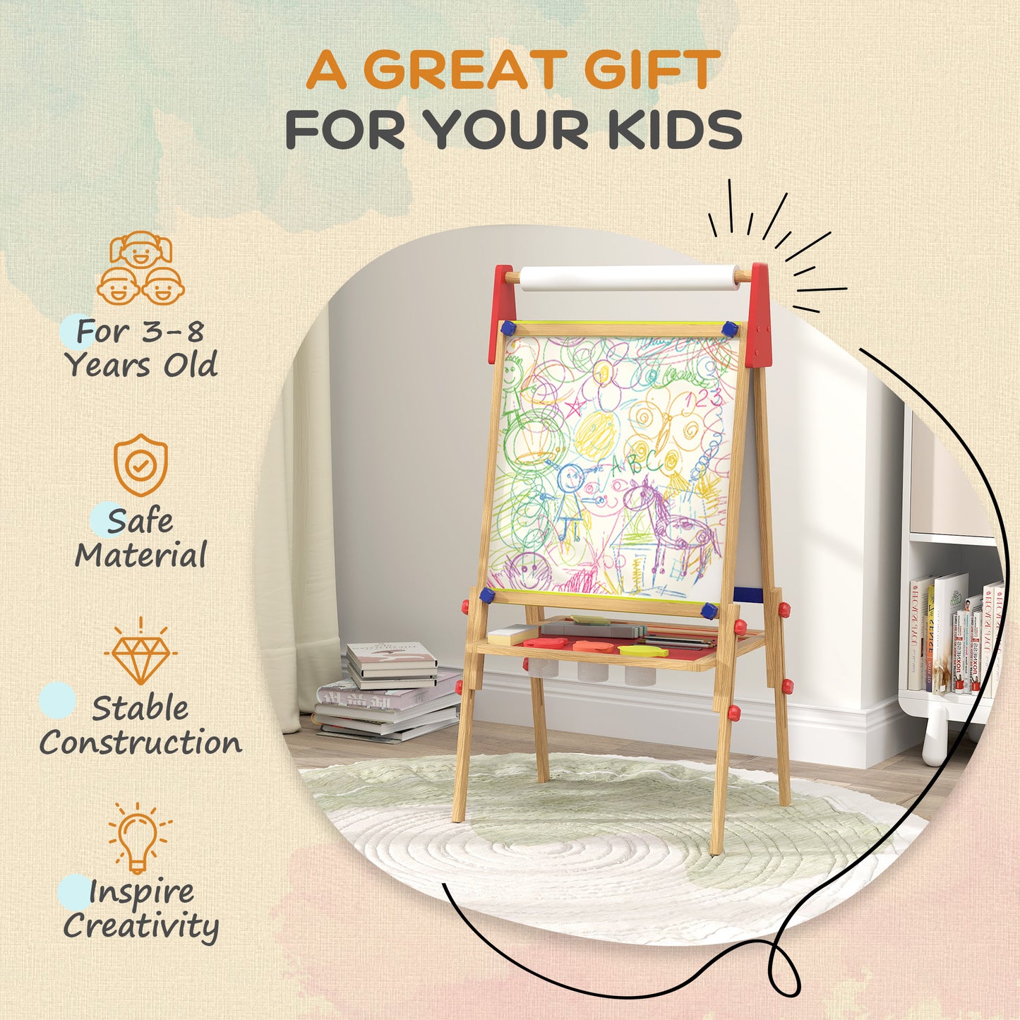 AIYAPLAY 3 In 1 Wooden Kids Easel With Paper Roll Double Sided Whiteboard And Chalkboard Adjustable Height 95 110 cm