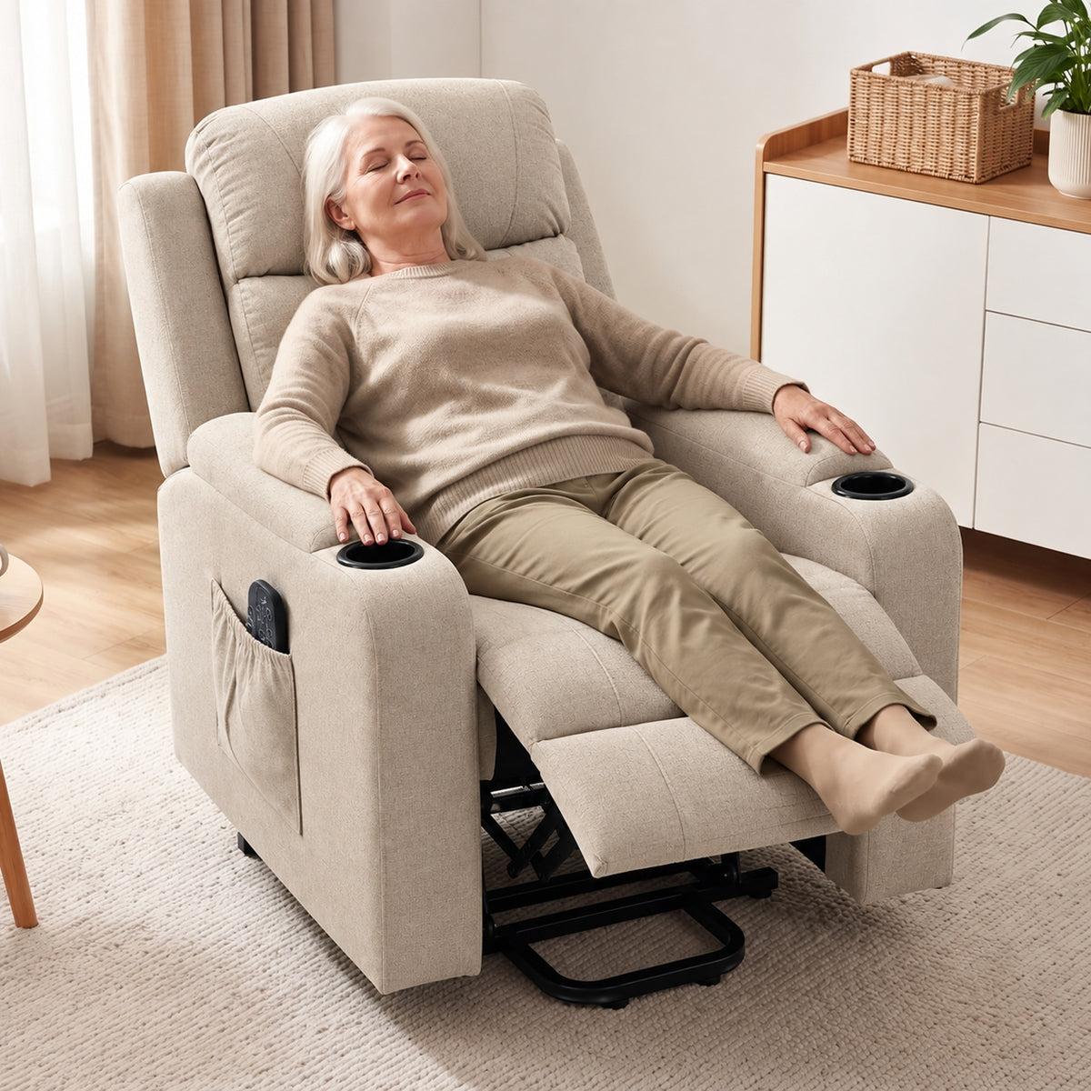 Electric power lift recliner chair in light beige fabric with massage and heat controls