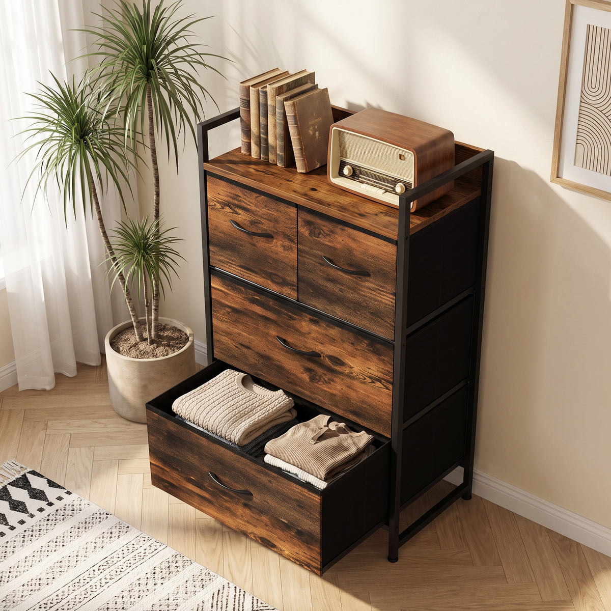 Rustic brown chest of drawers with four fabric drawers, top shelf, and black side storage