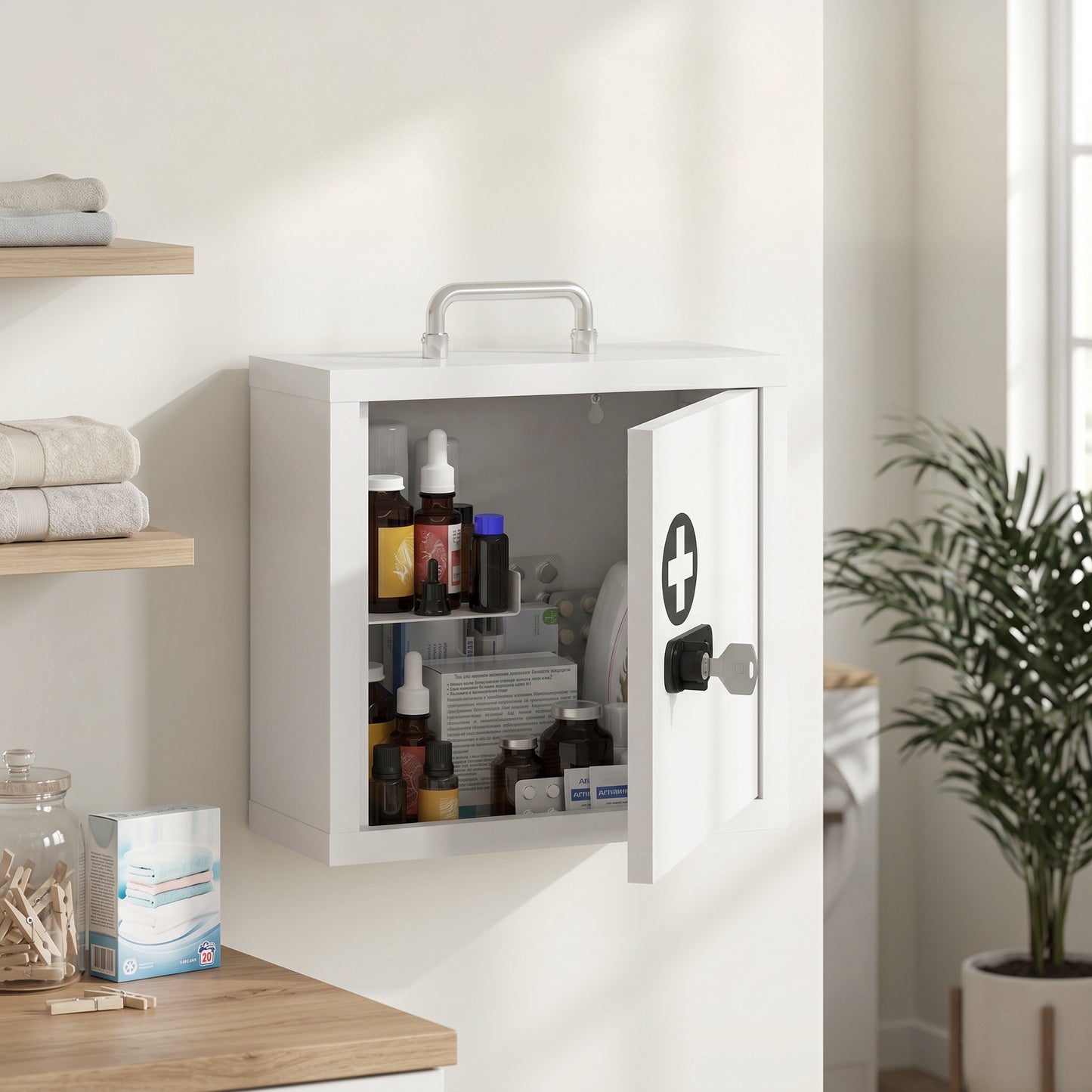 HOMCOM Wall Mount Medicine Cabinet with Dual Lock and Key 2 Tier Stainless Steel First Aid Organizer White