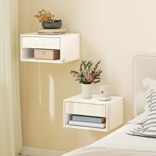 HOMCOM Set of Two Floating Bedside Tables Wall Mounted Nightstands with Drawer and Open Shelf High Gloss White