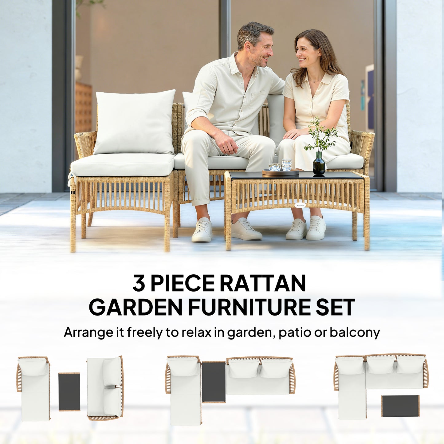 Outsunny 3 Piece Rattan Garden Furniture Set With Corner Sofa, Chaise Lounge And Glass Coffee Table, Cushions