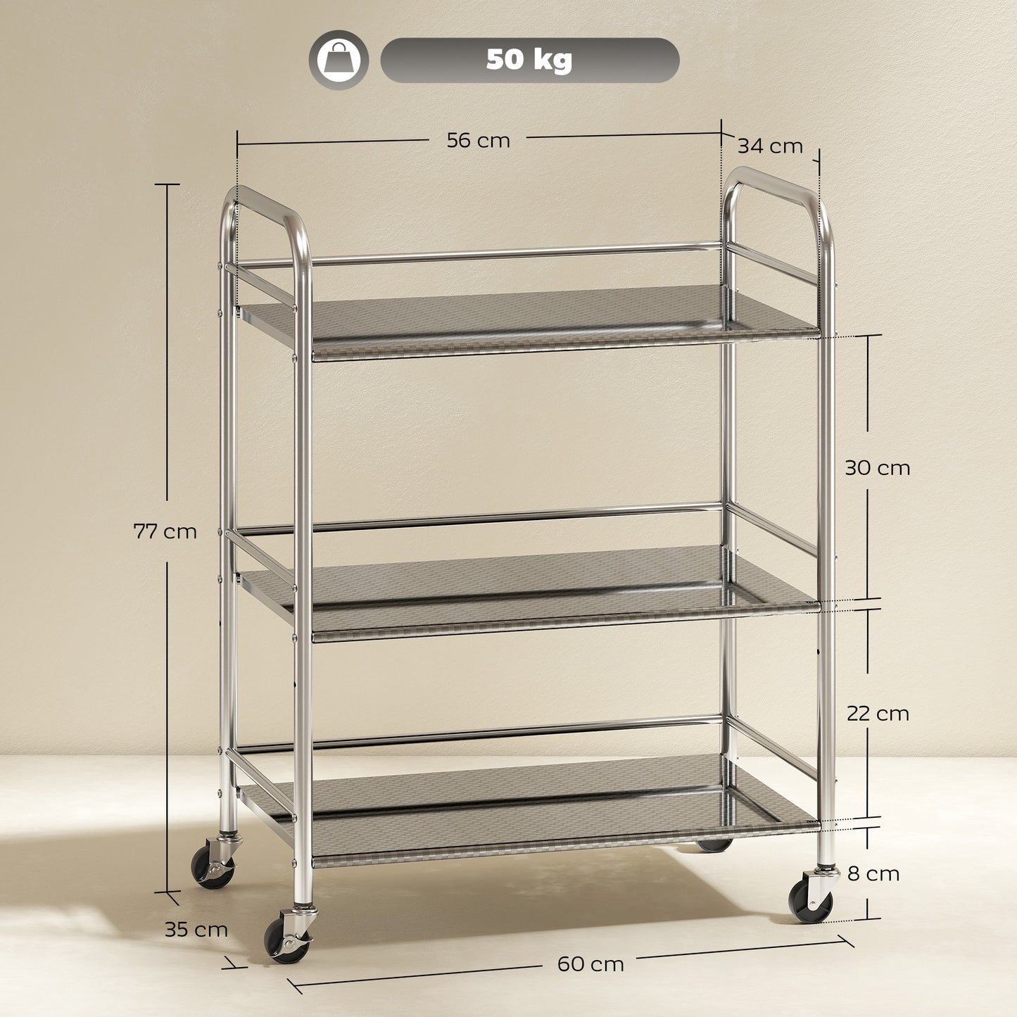 HOMCOM 3 Tier Stainless Steel Kitchen Storage Trolley With Adjustable Middle Shelf Silver Finish