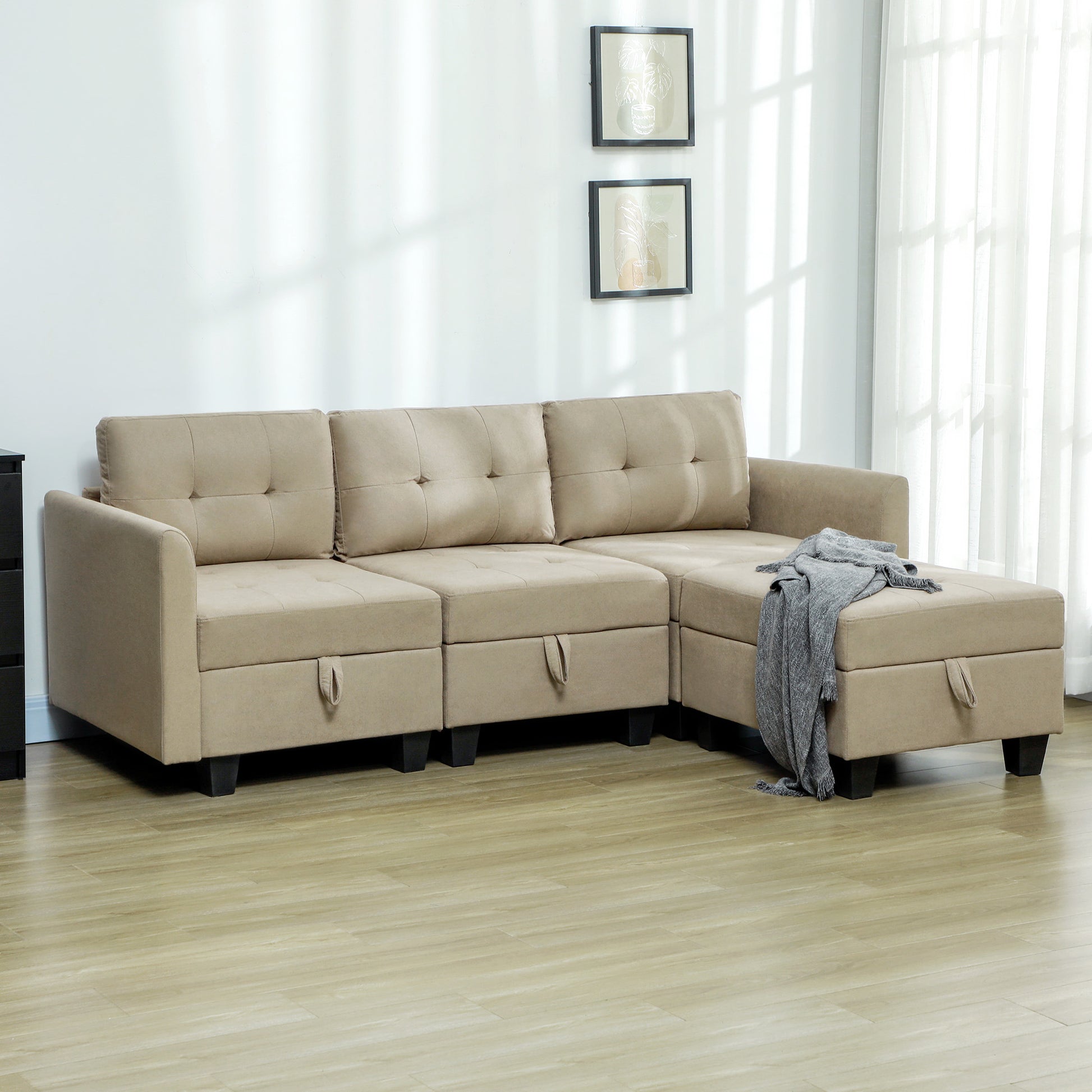 Versatile Light Brown Modular Sectional Sofa with Storage and Ottoman - 3 Seater L-Shaped Couch by HOMCOM - ALL4U RETAILER LTD