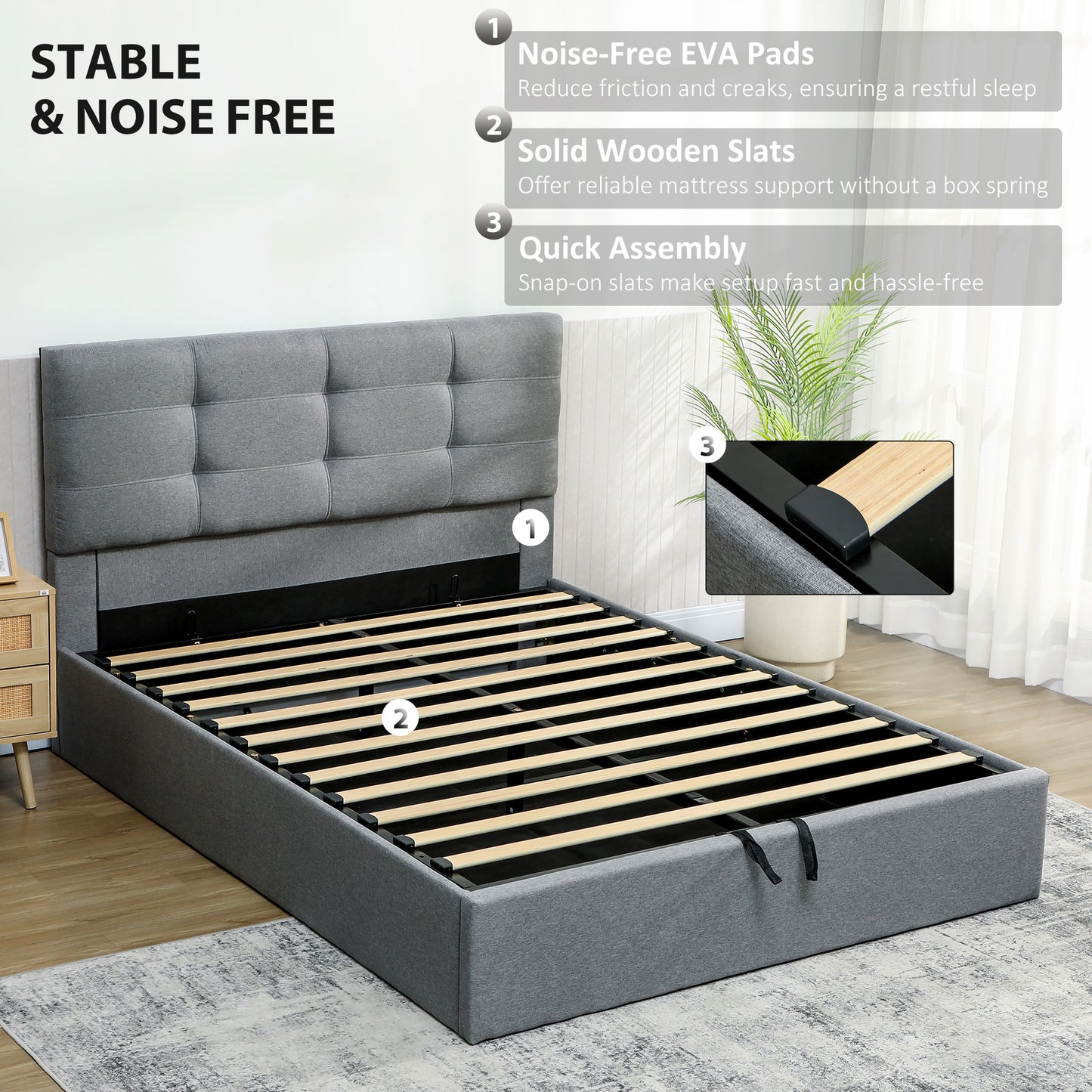 HOMCOM 5ft King Ottoman Bed With Gas Lift Storage And Upholstered Headboard In Grey