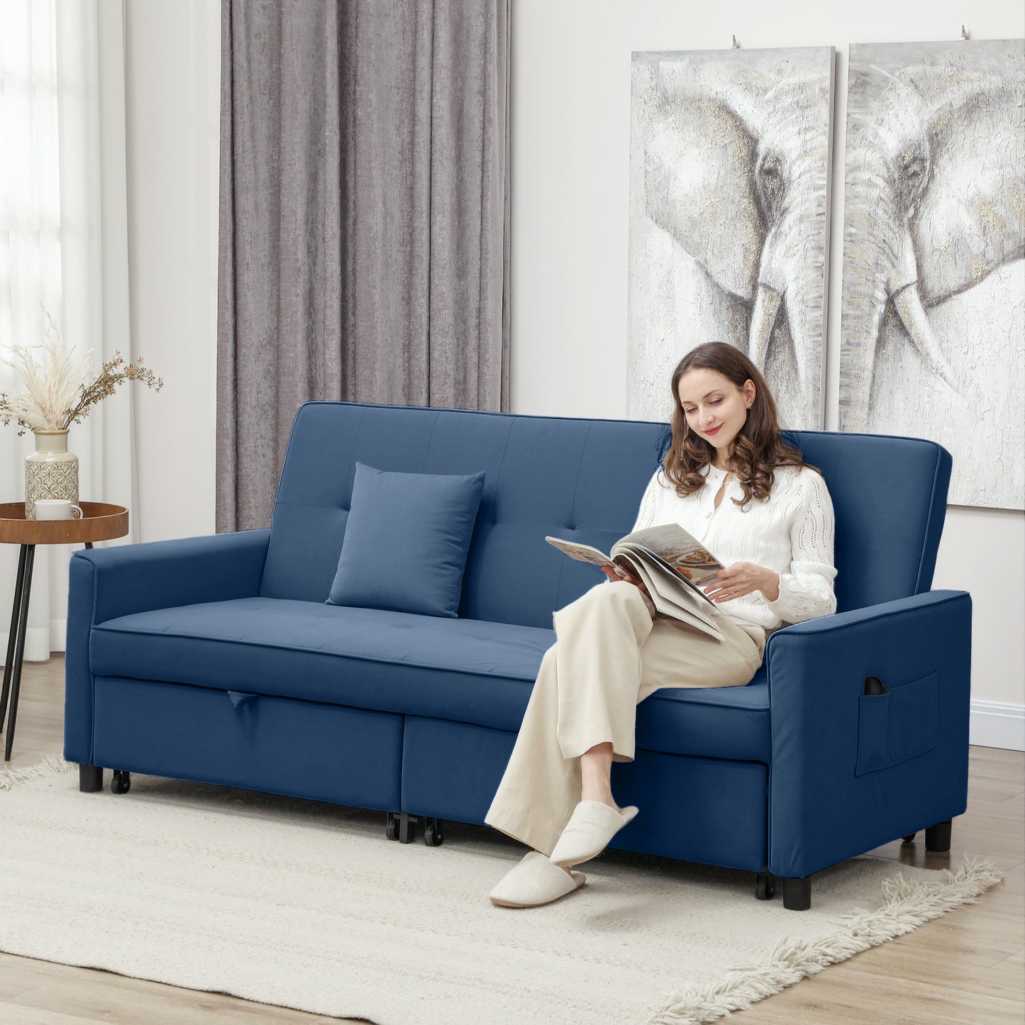 HOMCOM Velvet Feel Three Seater Sofa Bed With Click Clack Mechanism On Wheels In Blue