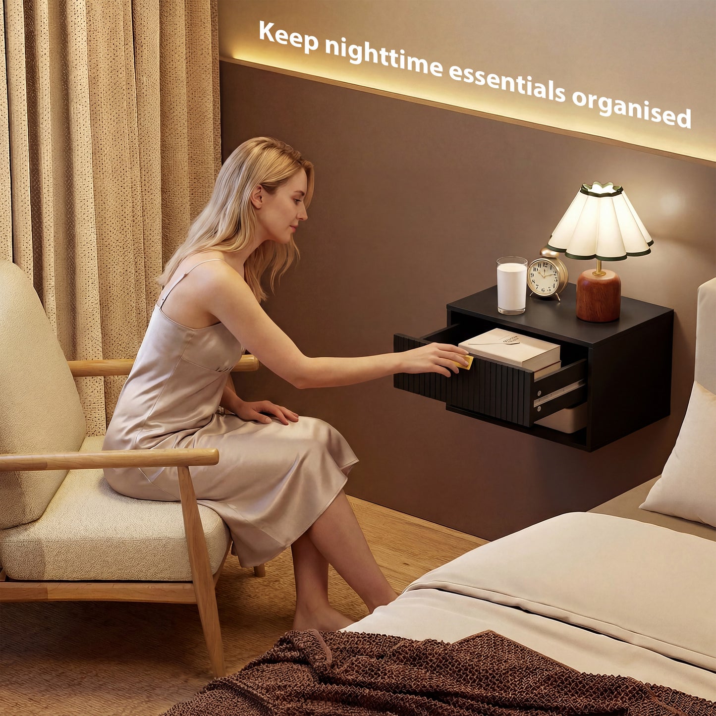 HOMCOM Set Of 2 Wall Mounted Nightstands Floating Bedside Tables With Fluted Drawers Open Shelf For Small Bedroom Black