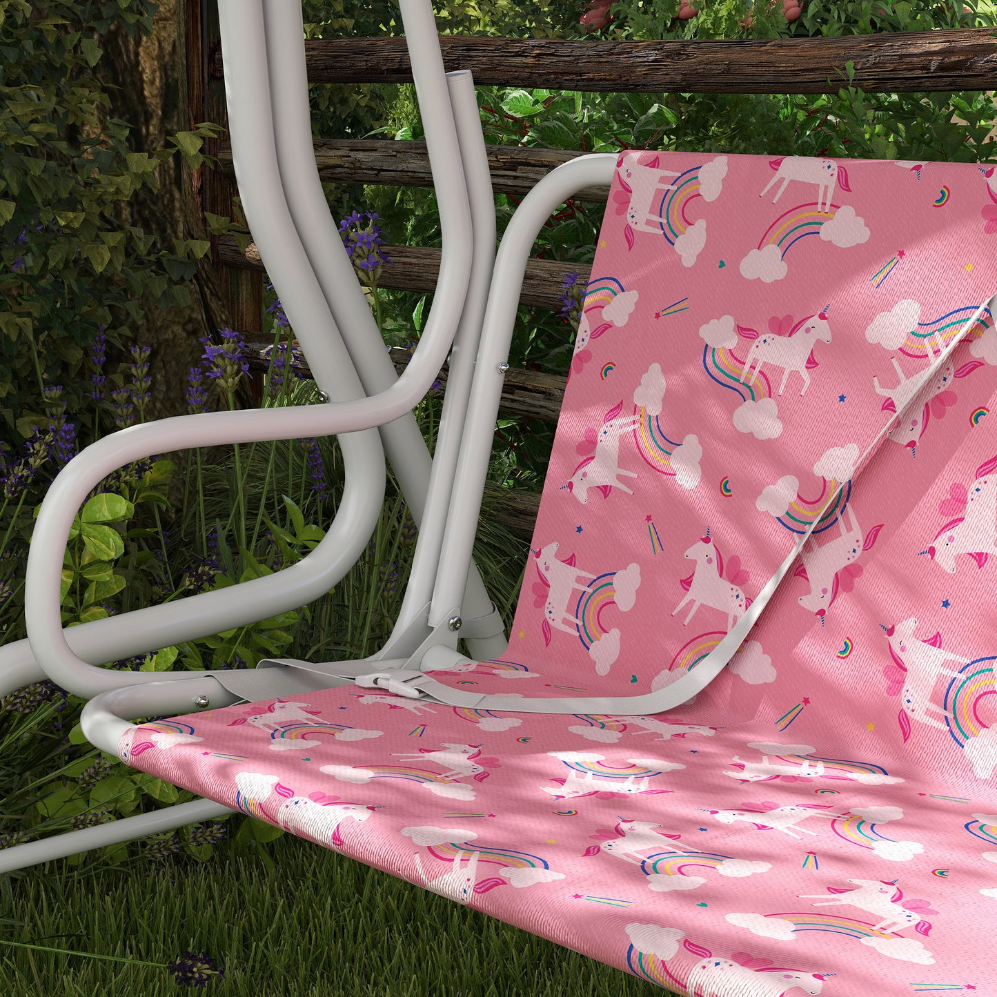 AIYAPLAY Pink 2 Seater Kids Porch Swing with Adjustable Canopy Garden Patio Hammock and Seat Belts Safari Animal Design
