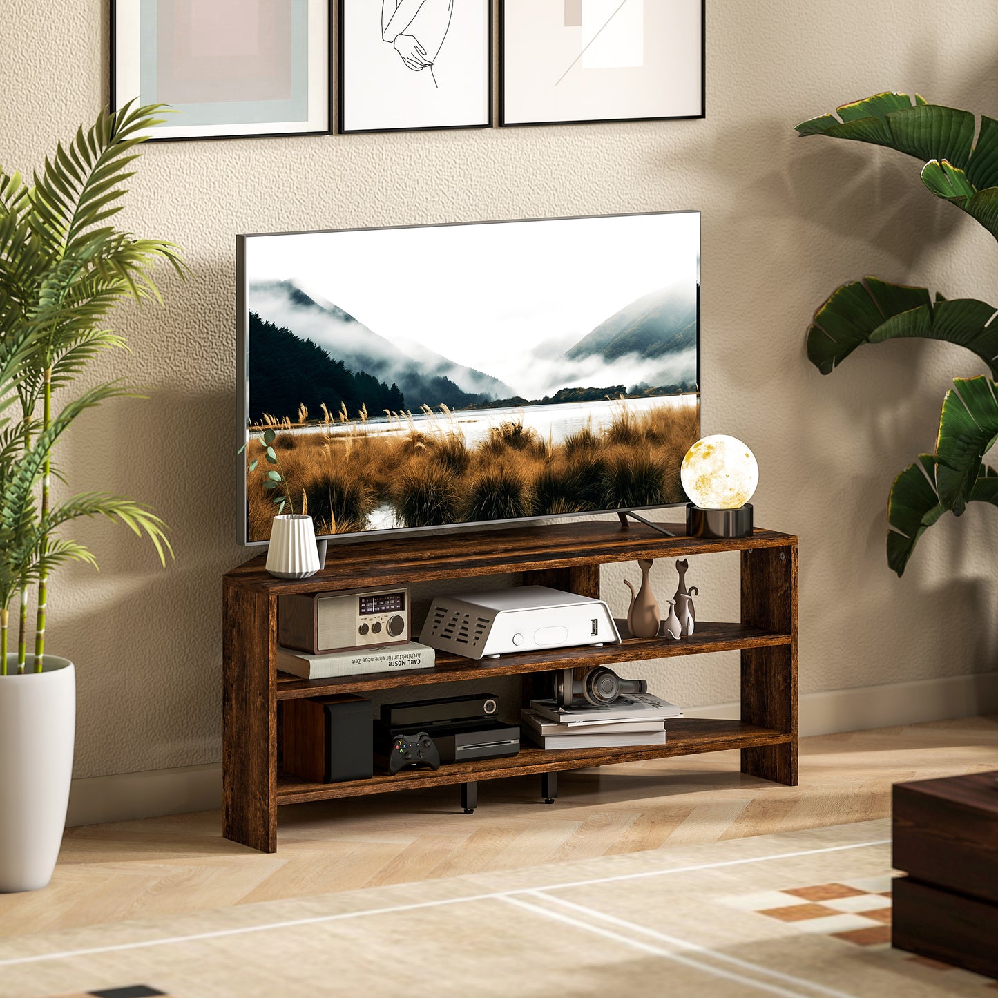 HOMCOM Corner TV Stand With Two Open Shelves For 47 Inch TV Rustic Brown Space Saving Design