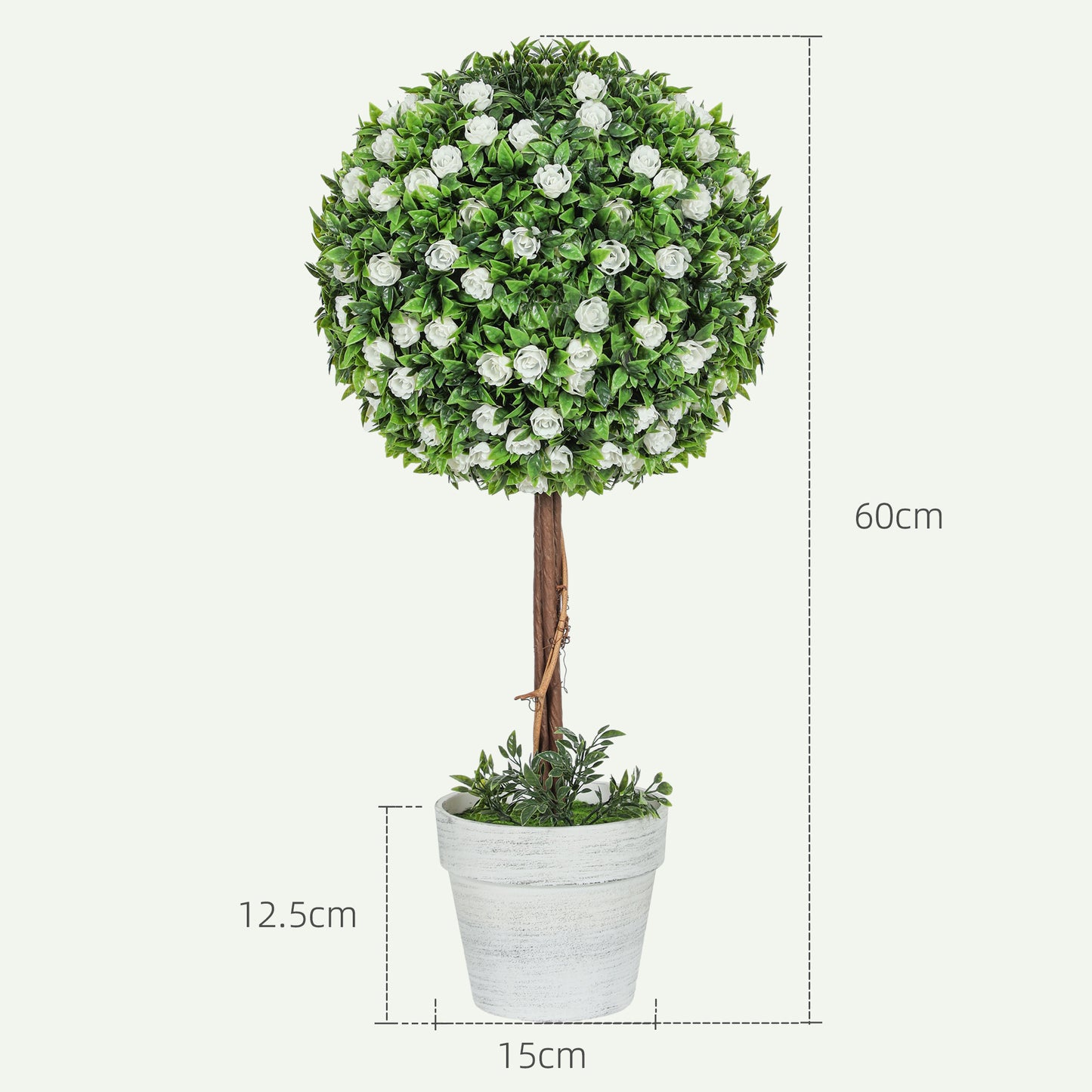 HOMCOM Set Of 2 Decorative Artificial Plants Ball Topiary Tree With Rose Flowers In Pot 60cm White UV Resistant