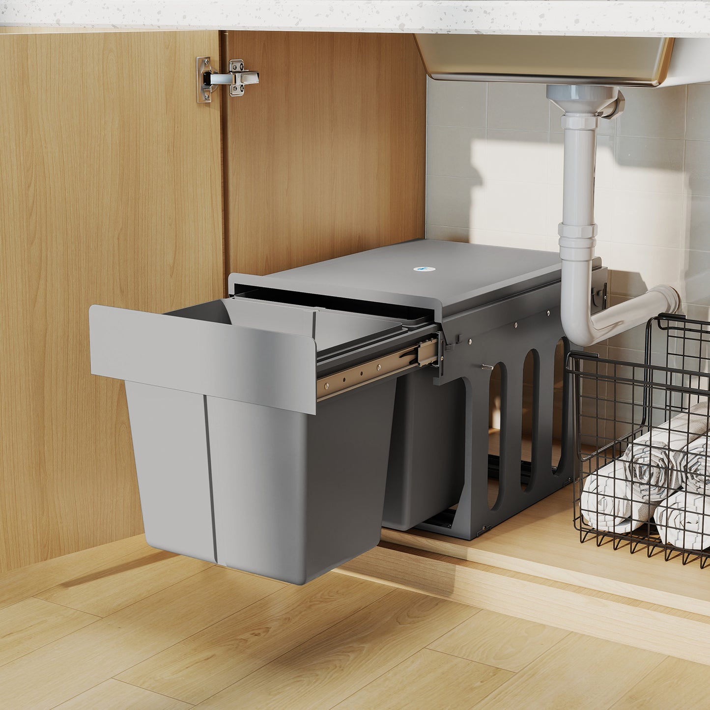 HOMCOM Under Sink Pull Out Bin With Dual 15L Compartments For 400mm Cabinets Light Grey Soft Close