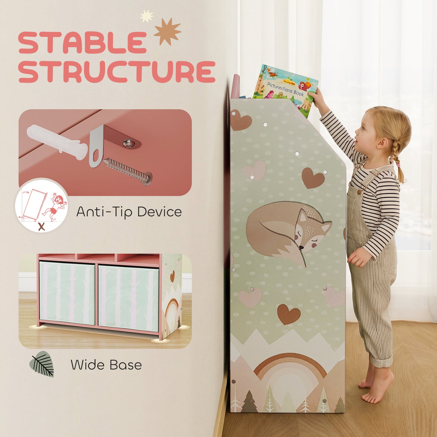 AIYAPLAY Kids Bookshelf With Storage Toy Display Shelves And Fabric Drawers Pink Playroom Nursery