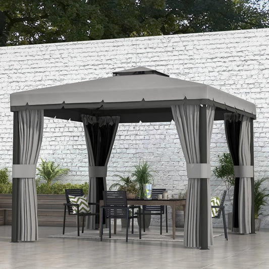 Outsunny 3 x 3m Light Grey Patio Gazebo Canopy Garden Pavilion Tent Shelter Marquee with 2 Tier Roof, Netting, and Curtains - Enhance Your Outdoor Space with Stylish and Functional Shelter