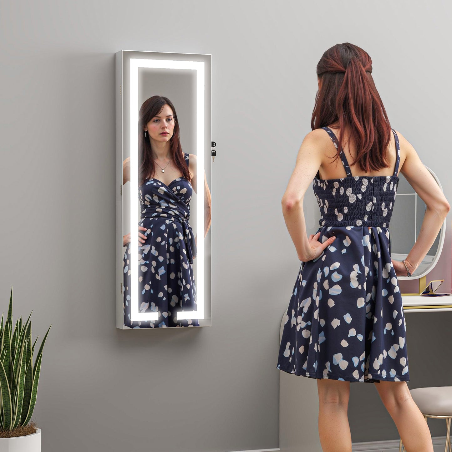 HOMCOM LED Mirror Jewellery Cabinet Wall Mounted Full Length Mirror With Storage Lockable Jewellery Organiser White