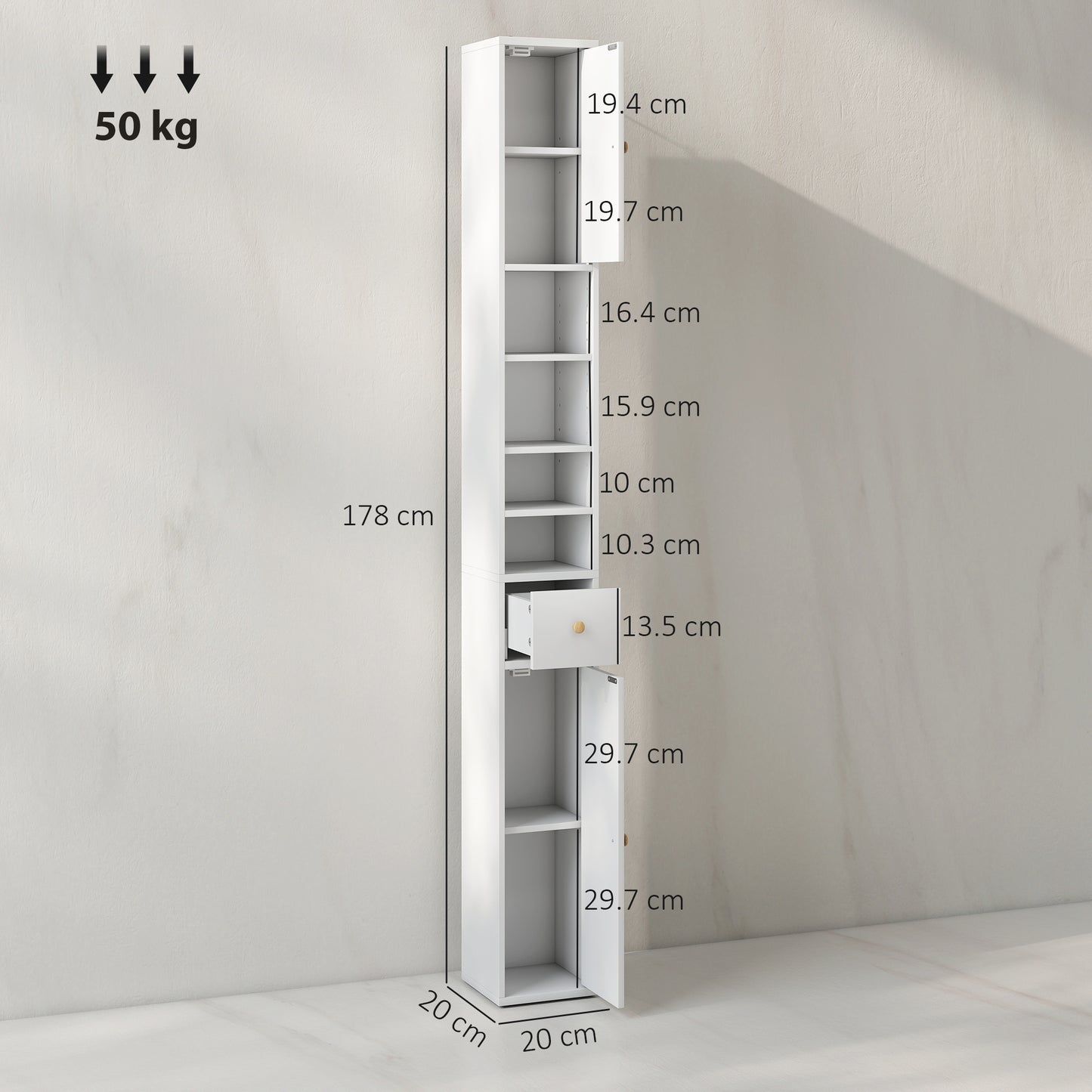 HOMCOM 178 cm Narrow Tall White Bathroom Cabinet With Two Closed Cabinets Four Open Compartments Adjustable Shelves