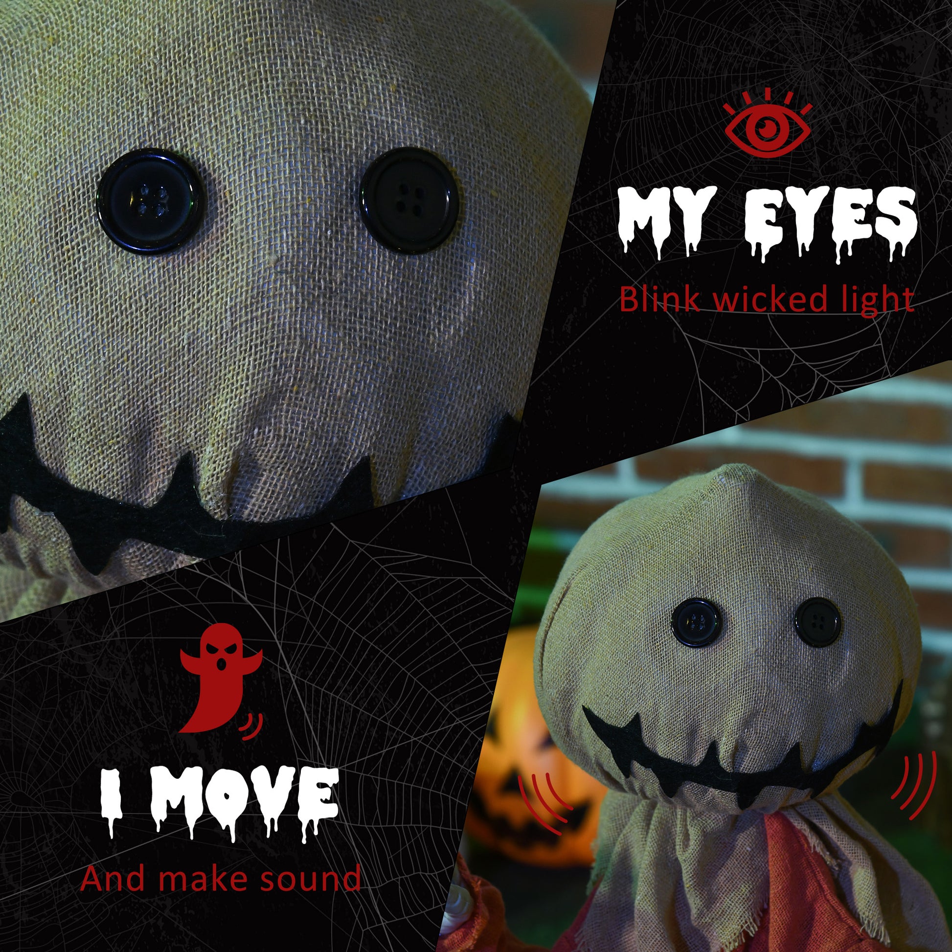 HOMCOM Creepy Animated Halloween Scarecrow with Light-Up Eyes and Sound Activation - ALL4U RETAILER LTD