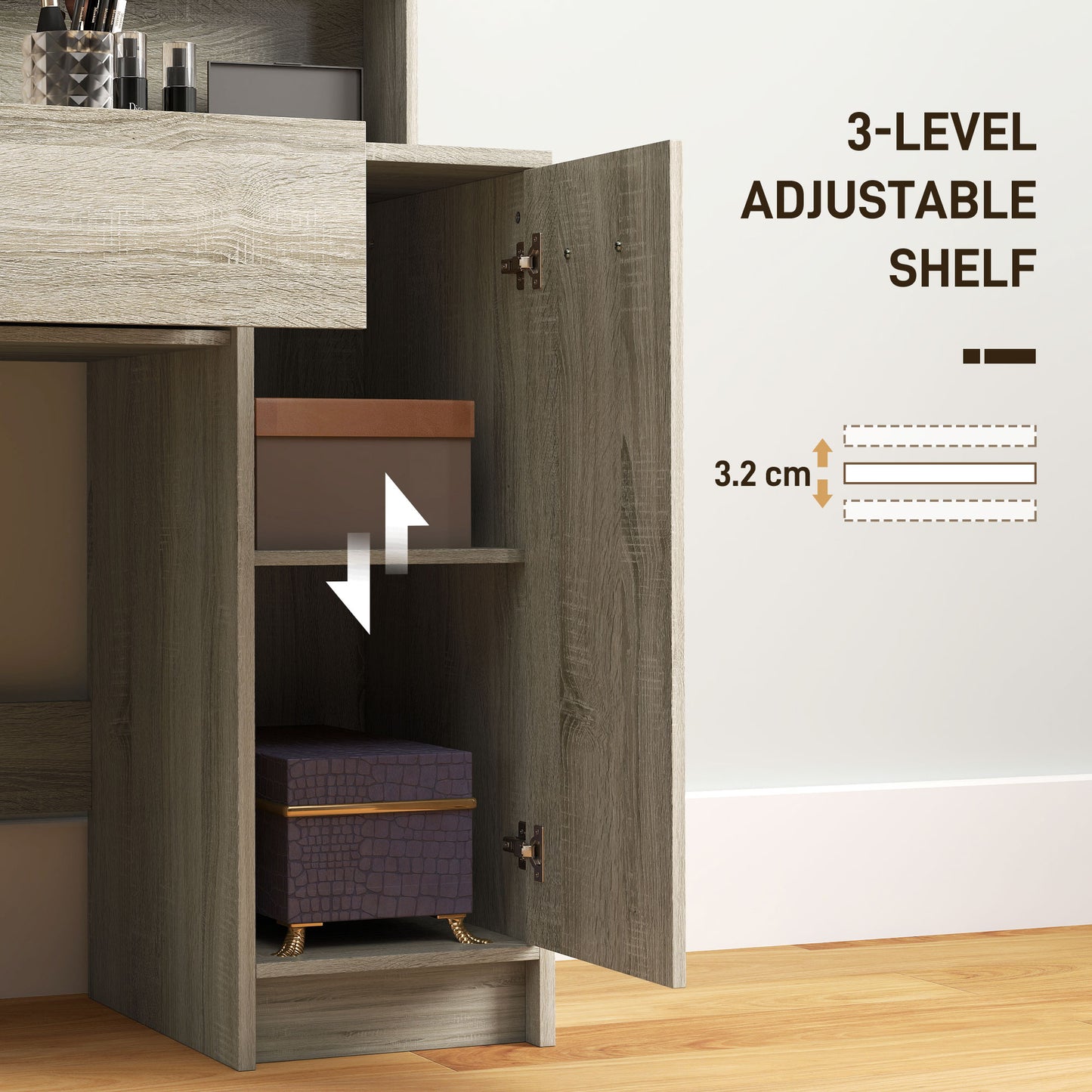 HOMCOM Dressing Table And Stool Set With Storage Mirror Drawer And Cupboard With Wood Effect Finish