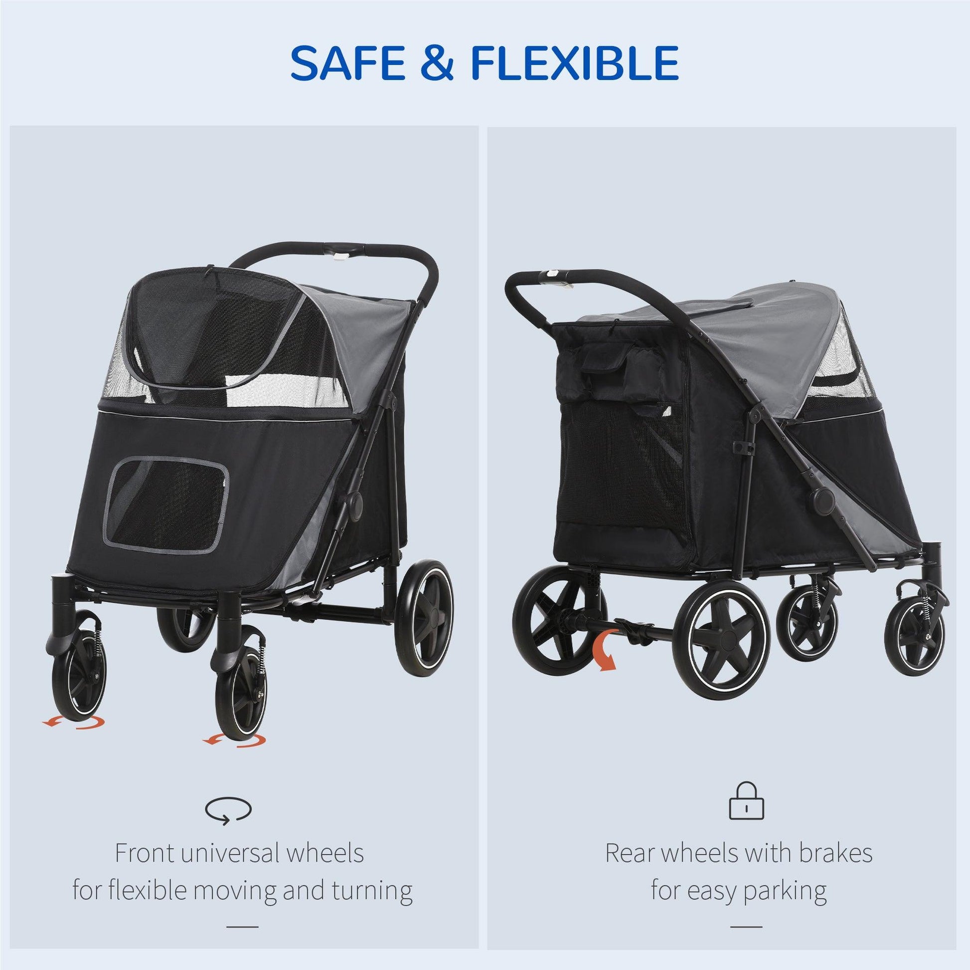 PawHut 4 Wheel Pet Stroller with Rain Cover for Medium and Large Dogs - Black - ALL4U RETAILER LTD