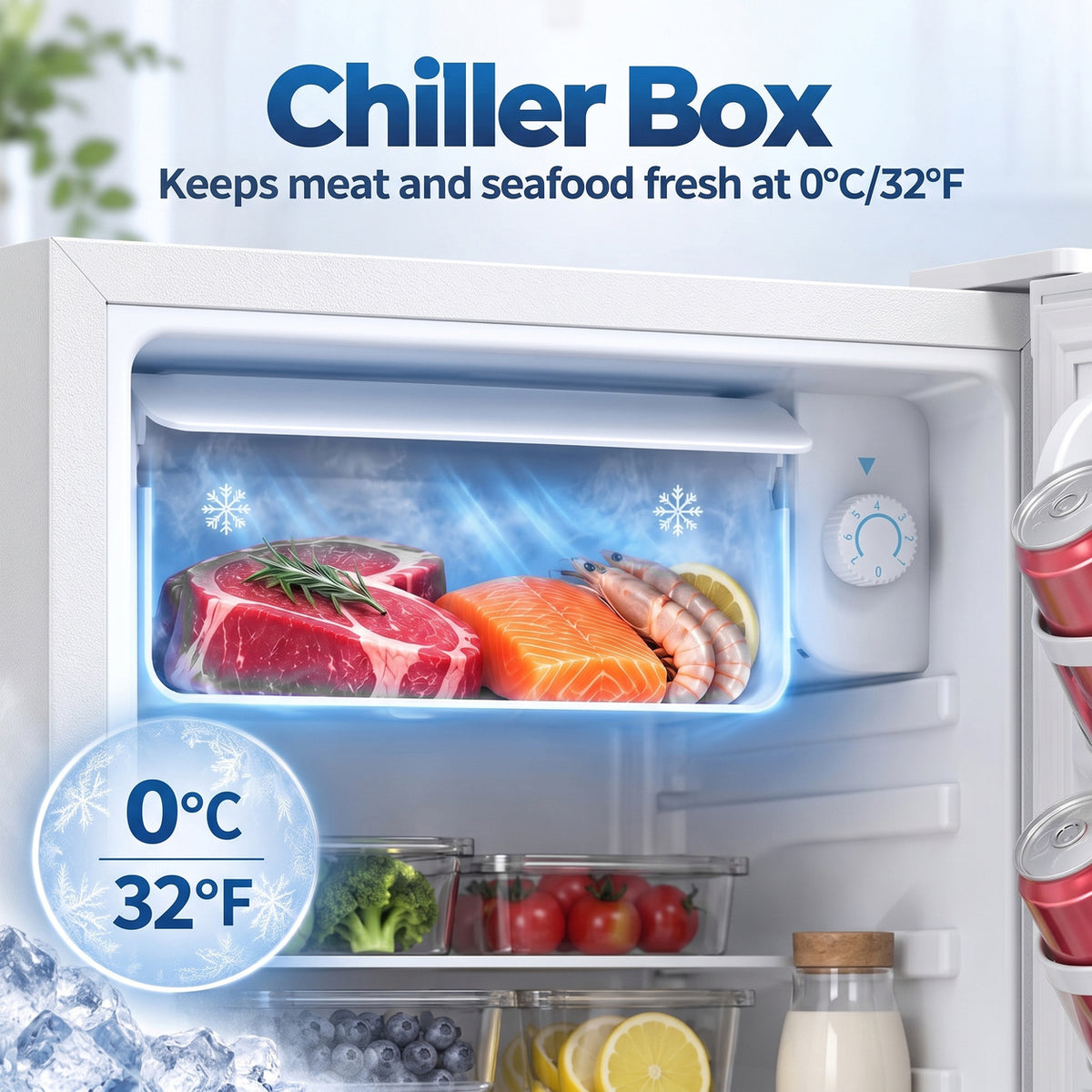 Mini fridge chiller box compartment with meat and seafood packaging inside.