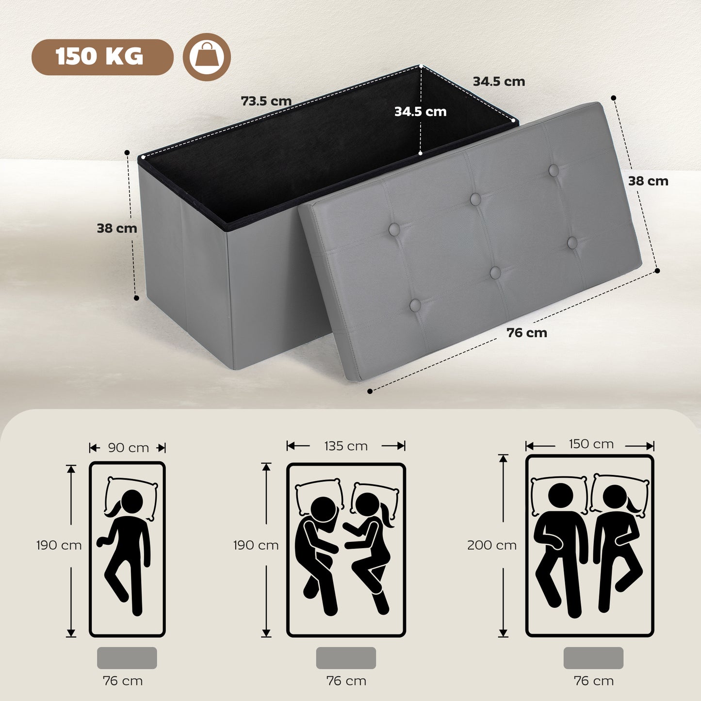 HOMCOM Storage Ottoman Bench 89L PU Leather Folding Foot Rest Stool End Bed Bench For Living Room Bedroom Entryway Grey