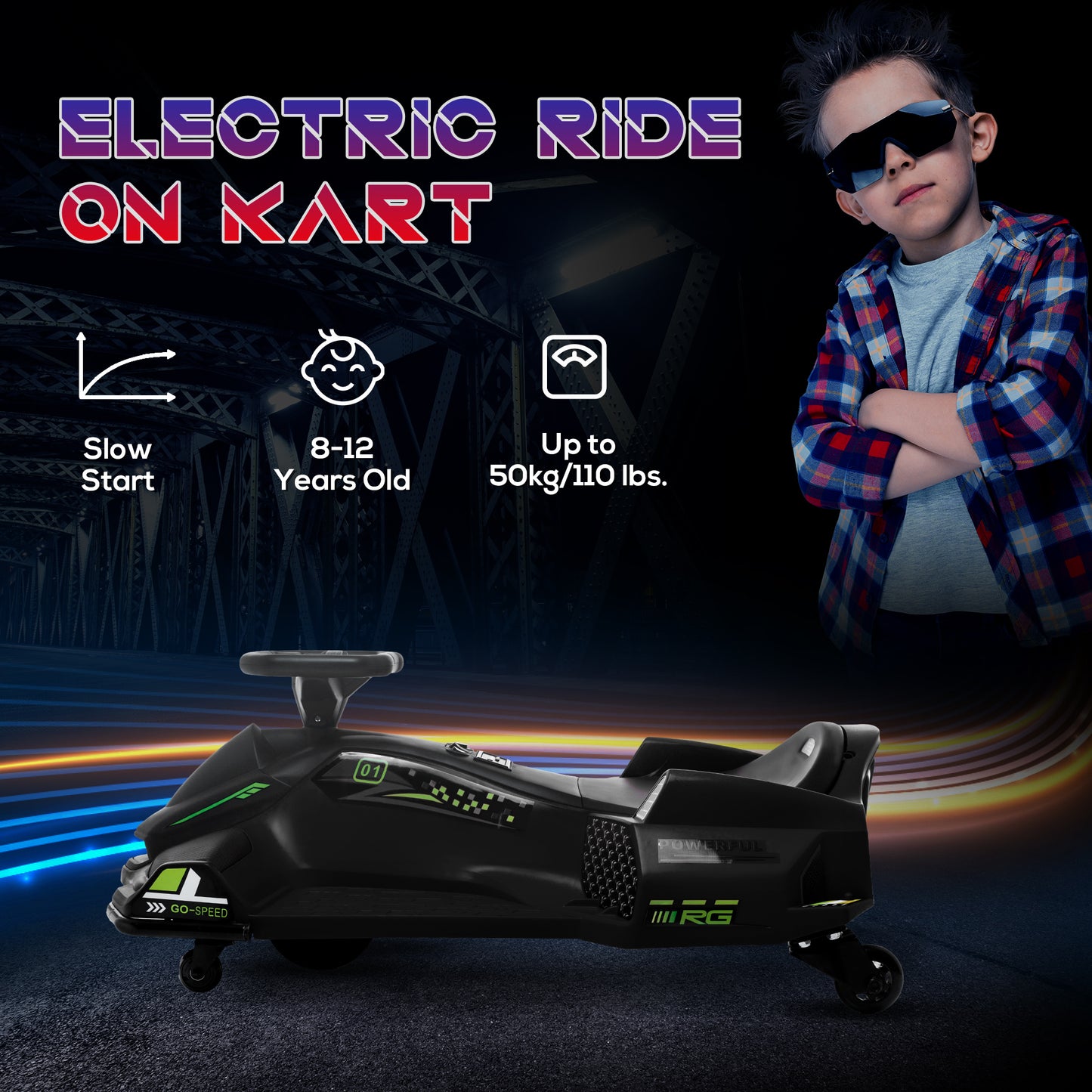 HOMCOM Black 12V Kids Electric Go Kart with Music, LED Lights & Drift Function - ALL4U RETAILER LTD