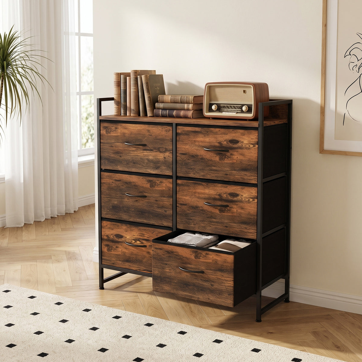 Brown woodgrain chest with fabric drawers and open top lid area, dark metal side panels