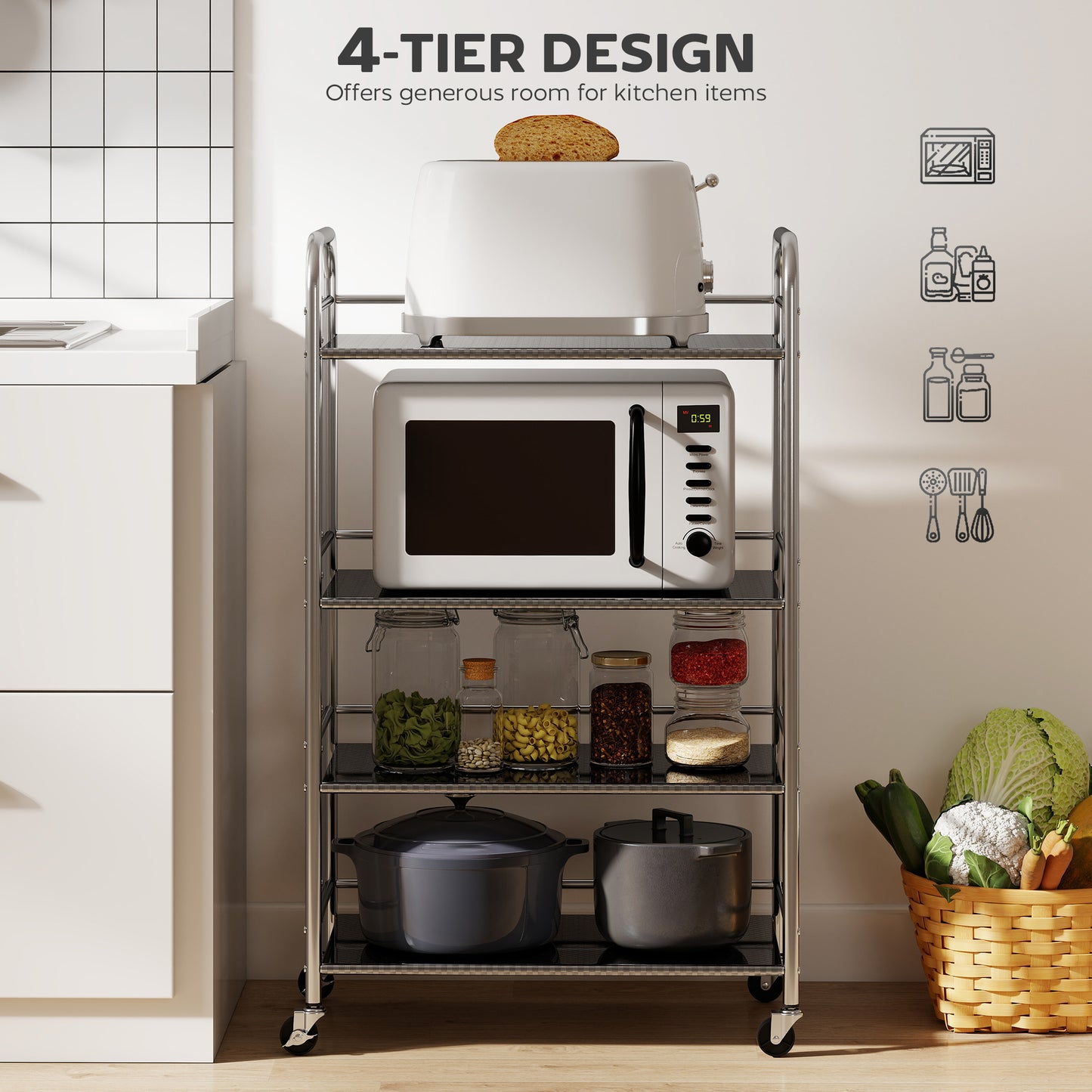 HOMCOM 4 Tier Stainless Steel Kitchen Storage Trolley With Adjustable Shelves And Locking Wheels Silver