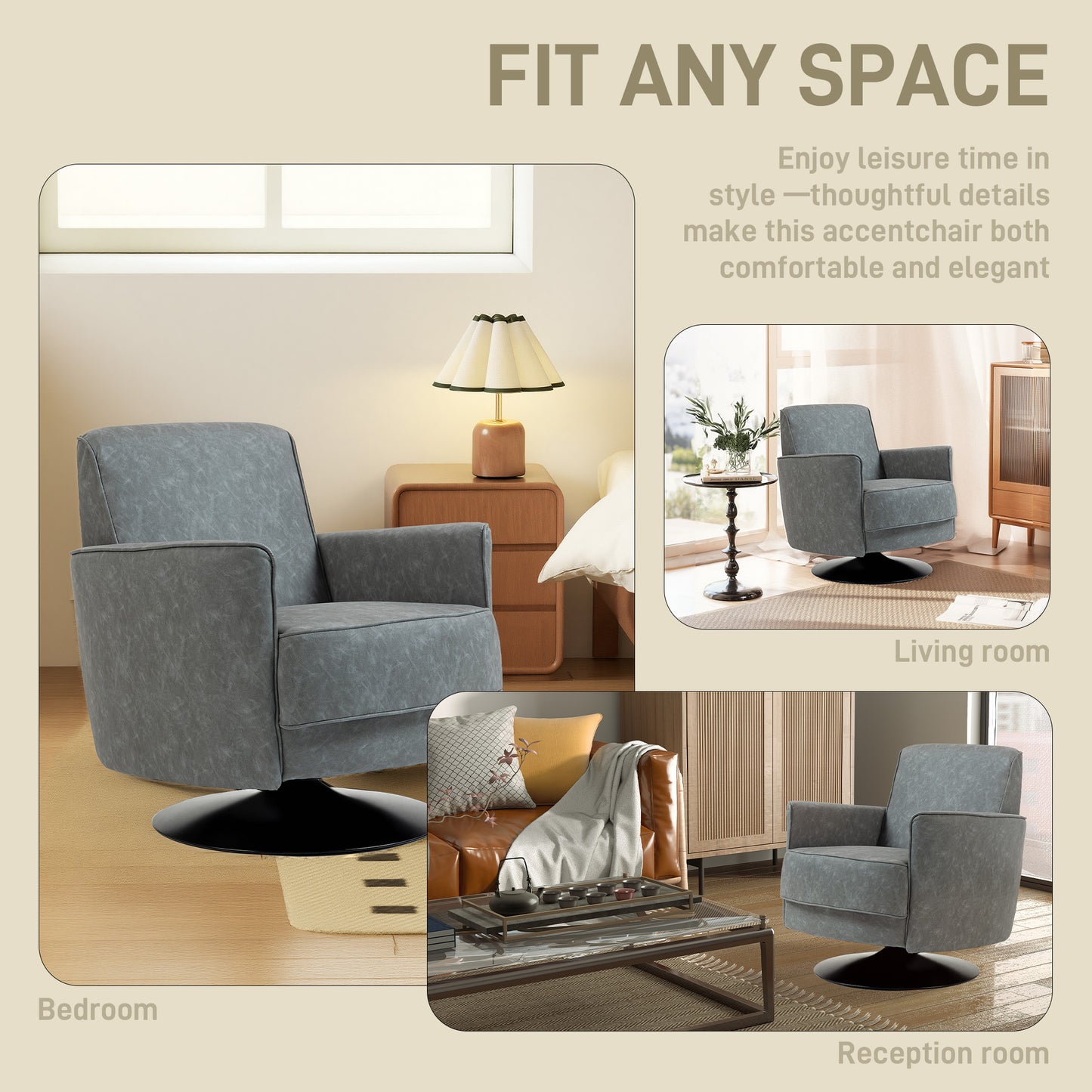 HOMCOM Upholstered Swivel Accent Chair With Thick Padding Pocket Springs In Grey 360 Degree Swivel Armchair