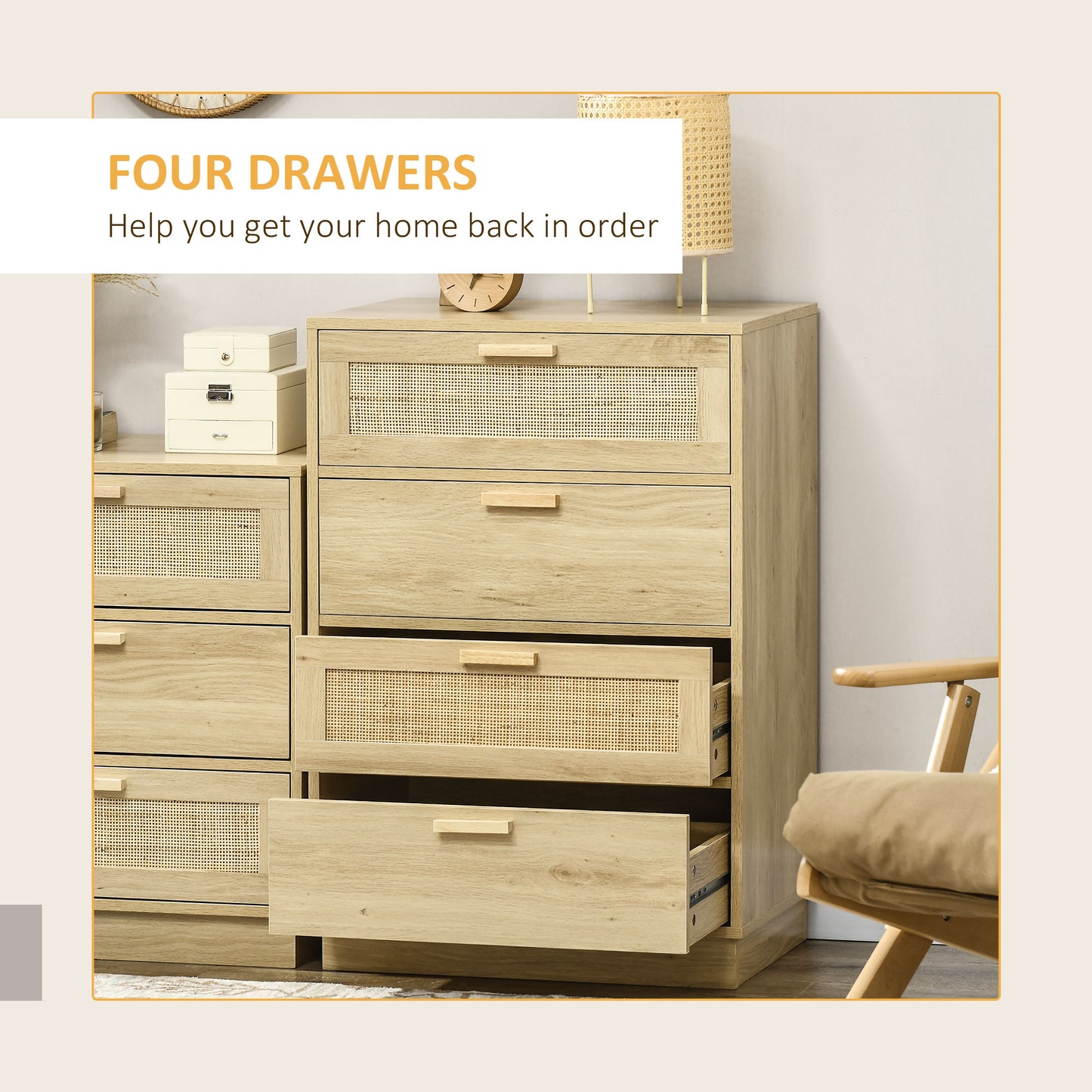 HOMCOM Chest Of Four Drawers With Rattan Weave Panel Accents On Two Drawers In Wood Effect Finish