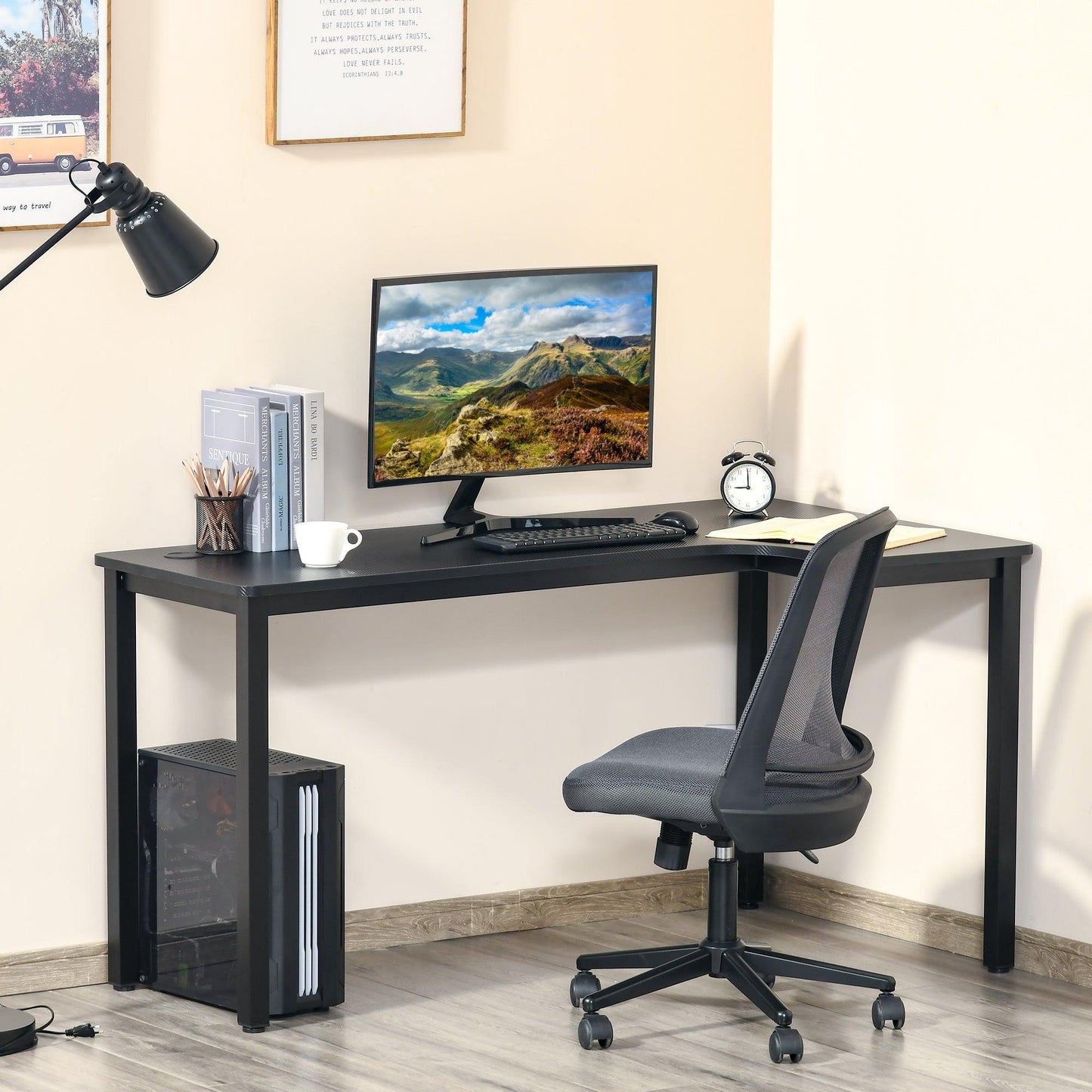 HOMCOM L-Shaped Gaming Desk, Computer Corner Desk, Cable Management - 145 x 81 x 76cm, Black - ALL4U RETAILER LTD