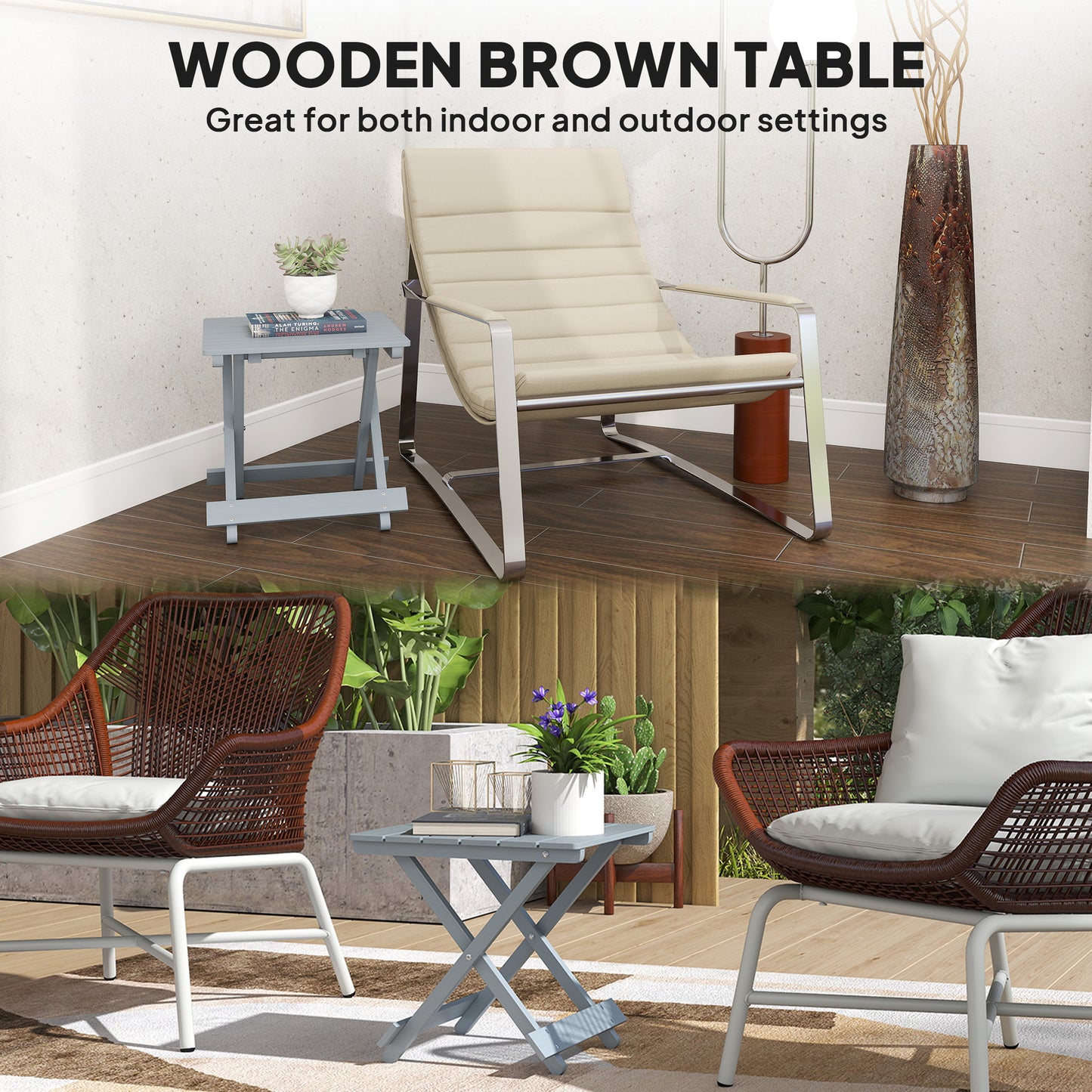 Outsunny Fir Wood Folding Coffee Table Lightweight Small Garden Table With Slatted Top Portable Balcony Side Table