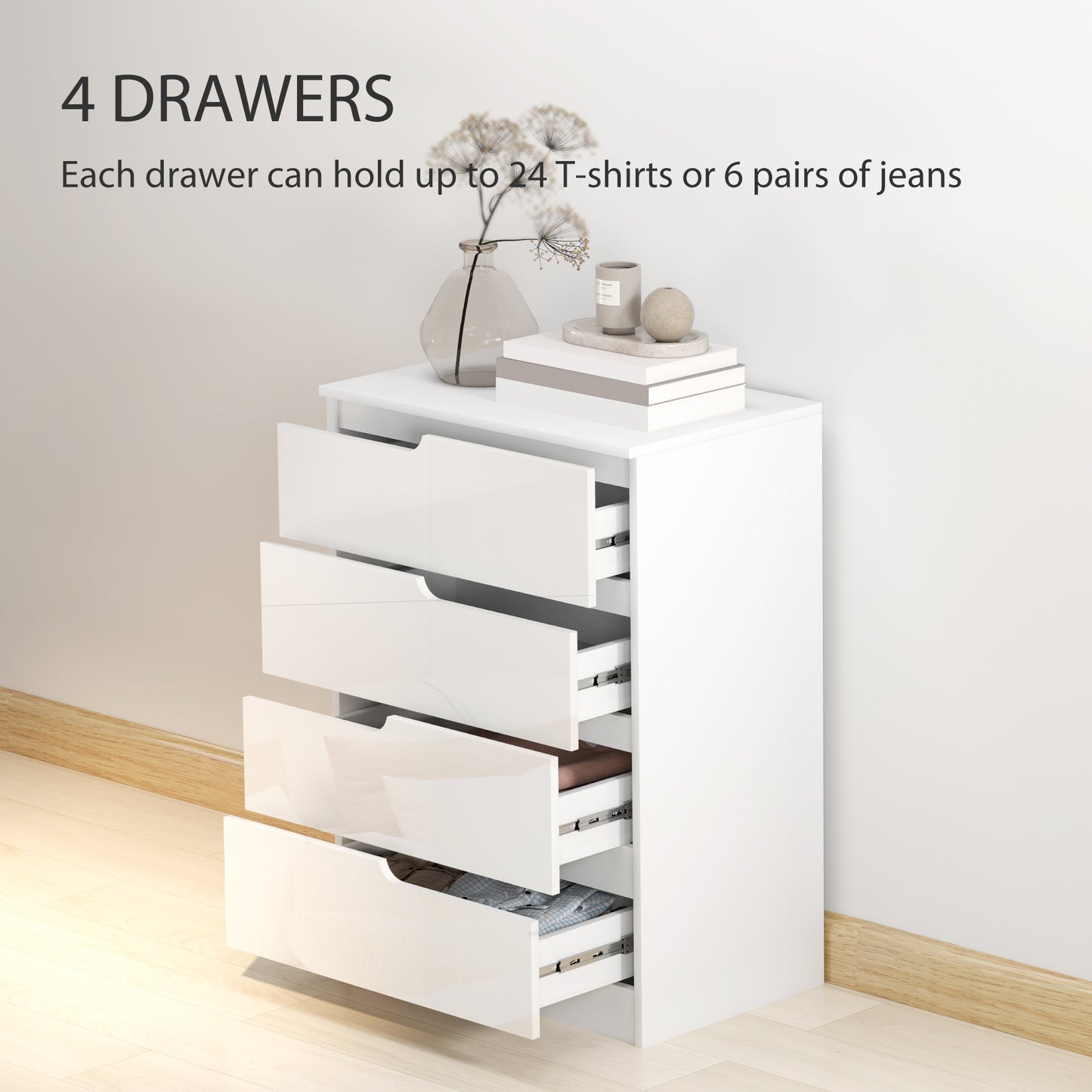 HOMCOM High Gloss White Chest Of Drawers With 4 Drawers And Matching Two Drawer Bedside Table Modern Set
