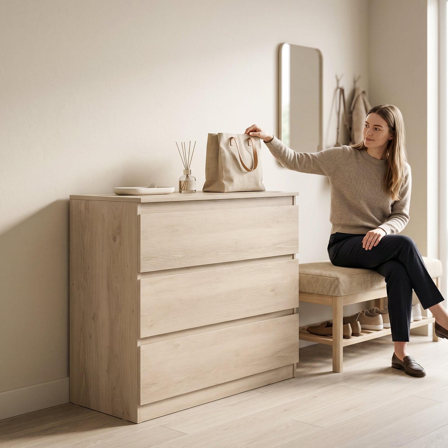 HOMCOM 3 Drawer Storage Organiser Unit Oak Chest Of Drawers For Bedroom Living Room 80x39x73 cm