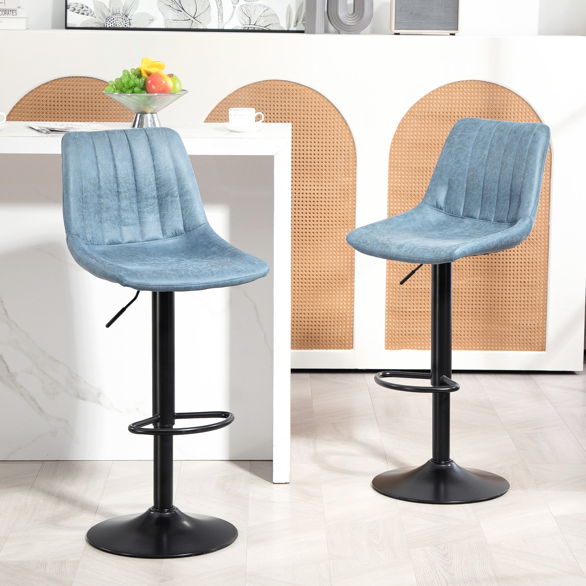 HOMCOM Retro Blue Adjustable Bar Stools Set of 2 with 360° Swivel and Footrest for Home Dining and Pub Use - ALL4U RETAILER LTD