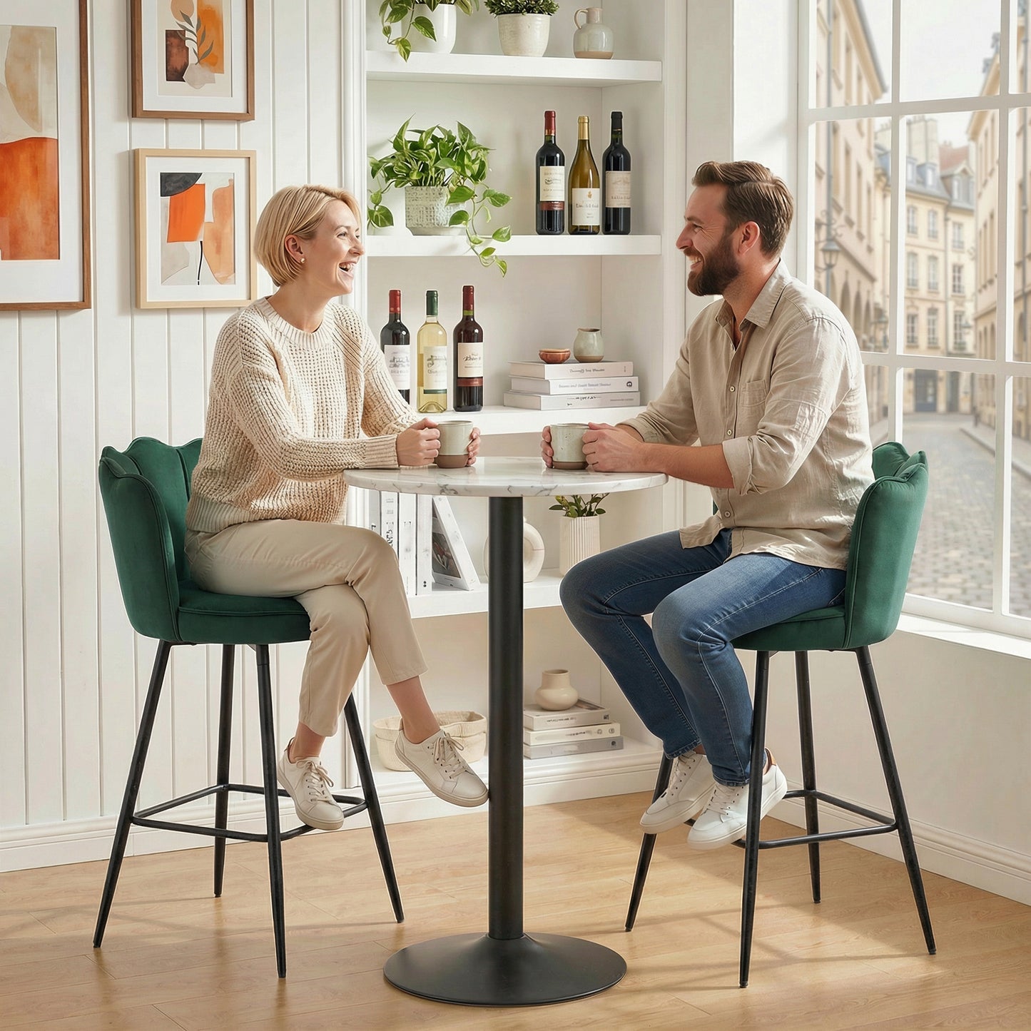 HOMCOM Set Of Two Velvet Feel Lotus Bar Stools Dark Green With High Back And Dense Foam