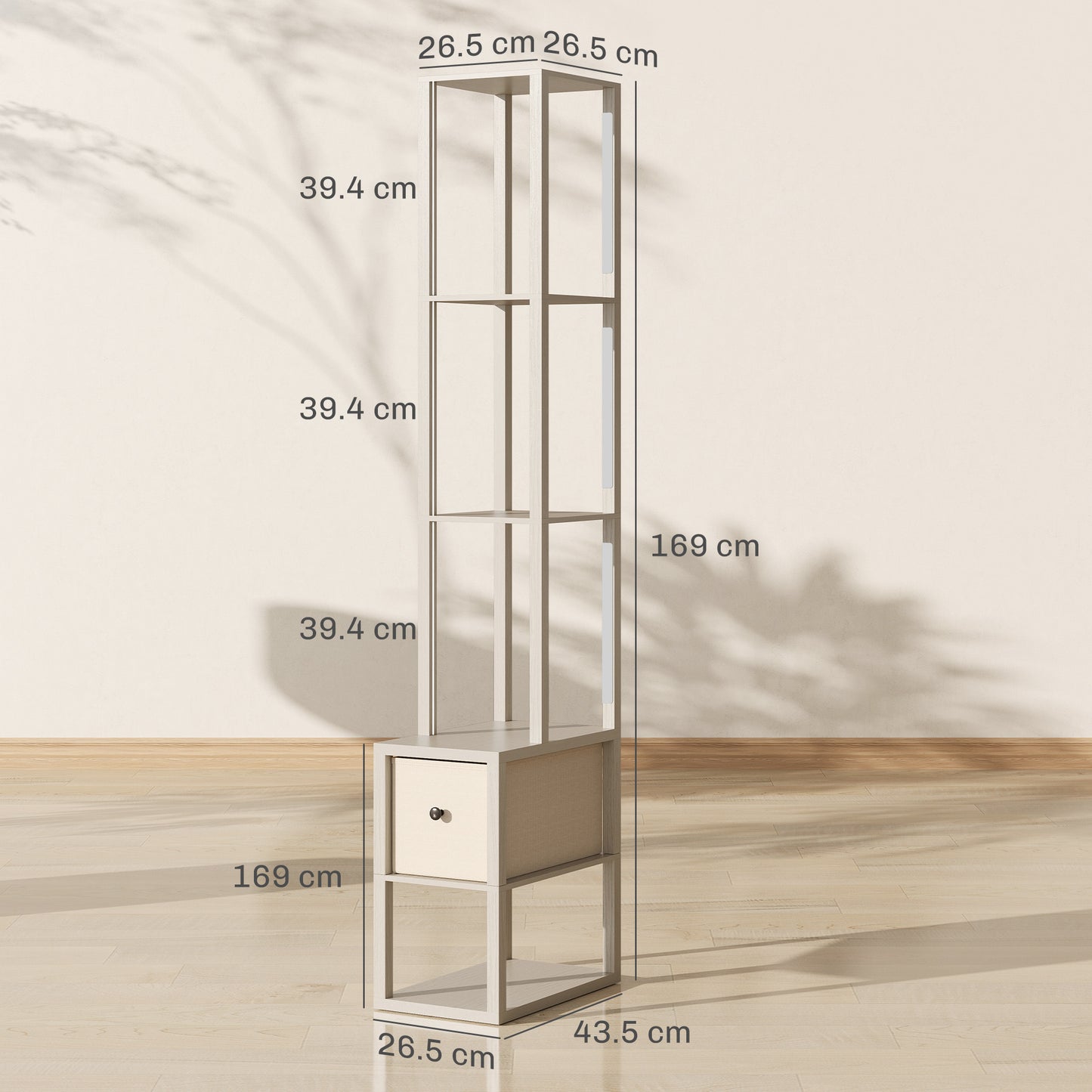 HOMCOM Floor Lamp With Shelves LED Column Modern Standing Lamp Fabric Drawer Adjustable Brightness Foot Switch Oak