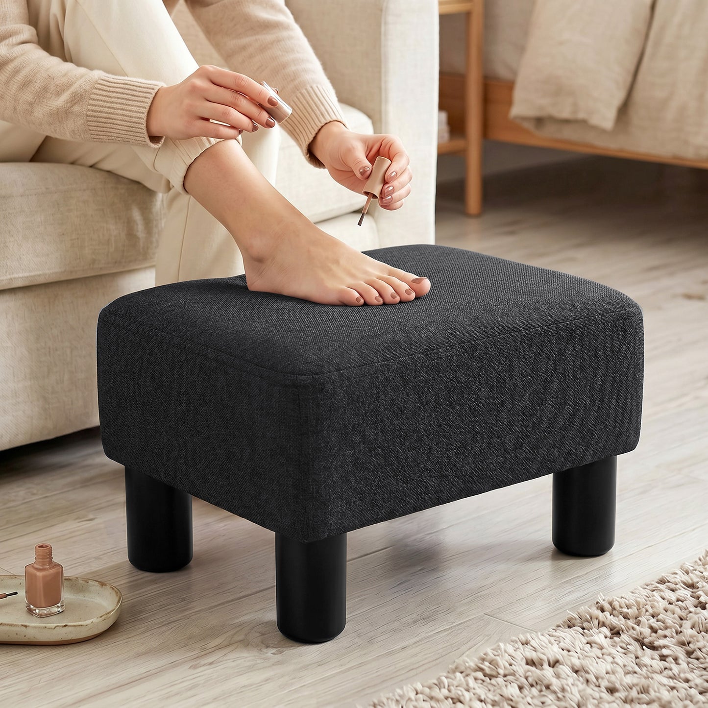 HOMCOM Linen Fabric Footstool Ottoman Cube With Four Plastic Legs Black Padded Seat