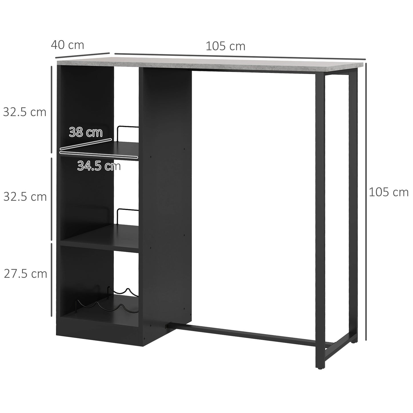 HOMCOM Breakfast Bar Table With Three Tier Storage Shelf And Wine Rack 105W x 40D x 105H cm Black