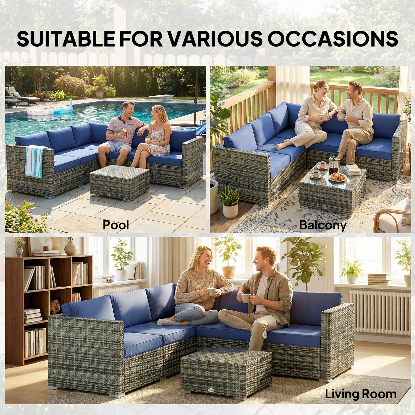 Outsunny Four Piece Rattan Patio Sofa Set With Cushions And Glass Table In Blue