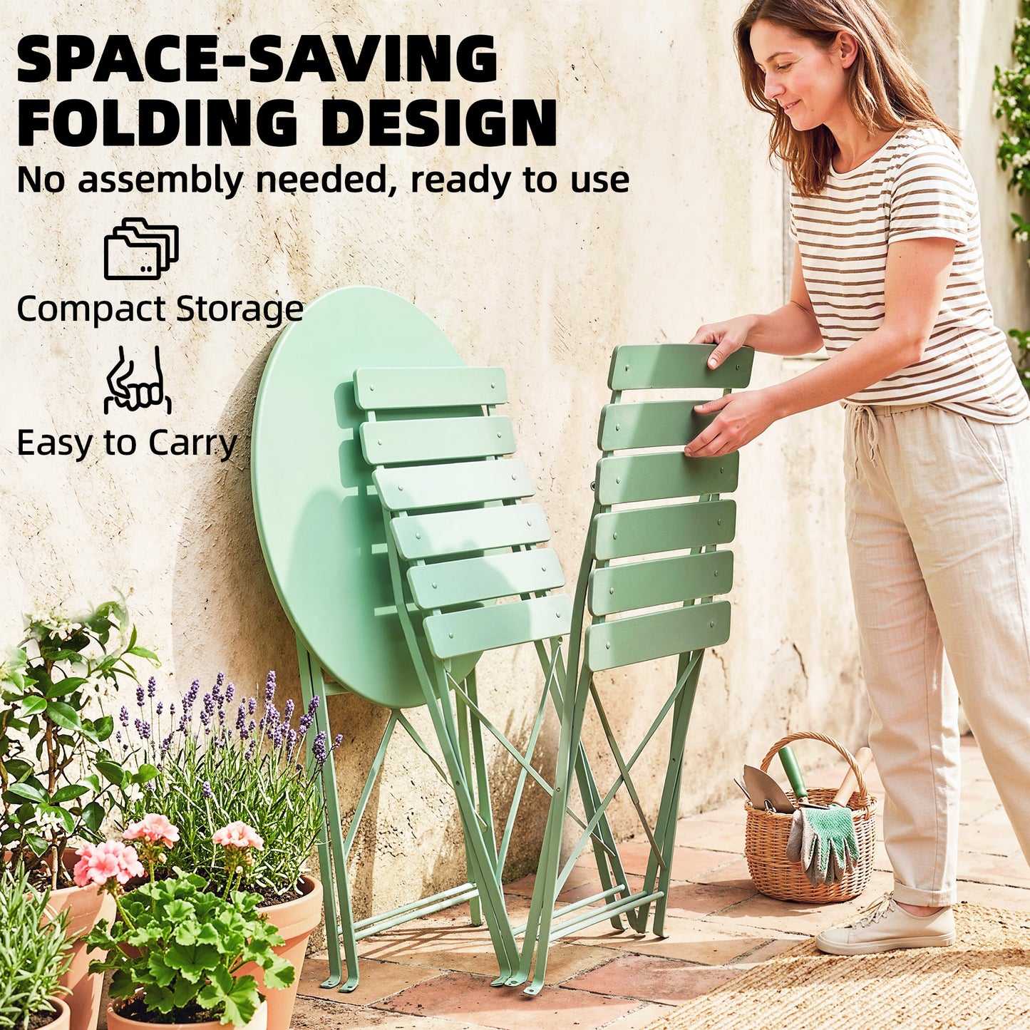 Outsunny Folding Garden Bistro Set For Two With Outdoor Round Table And Chairs Electrophoresis Metal Frame Light Green