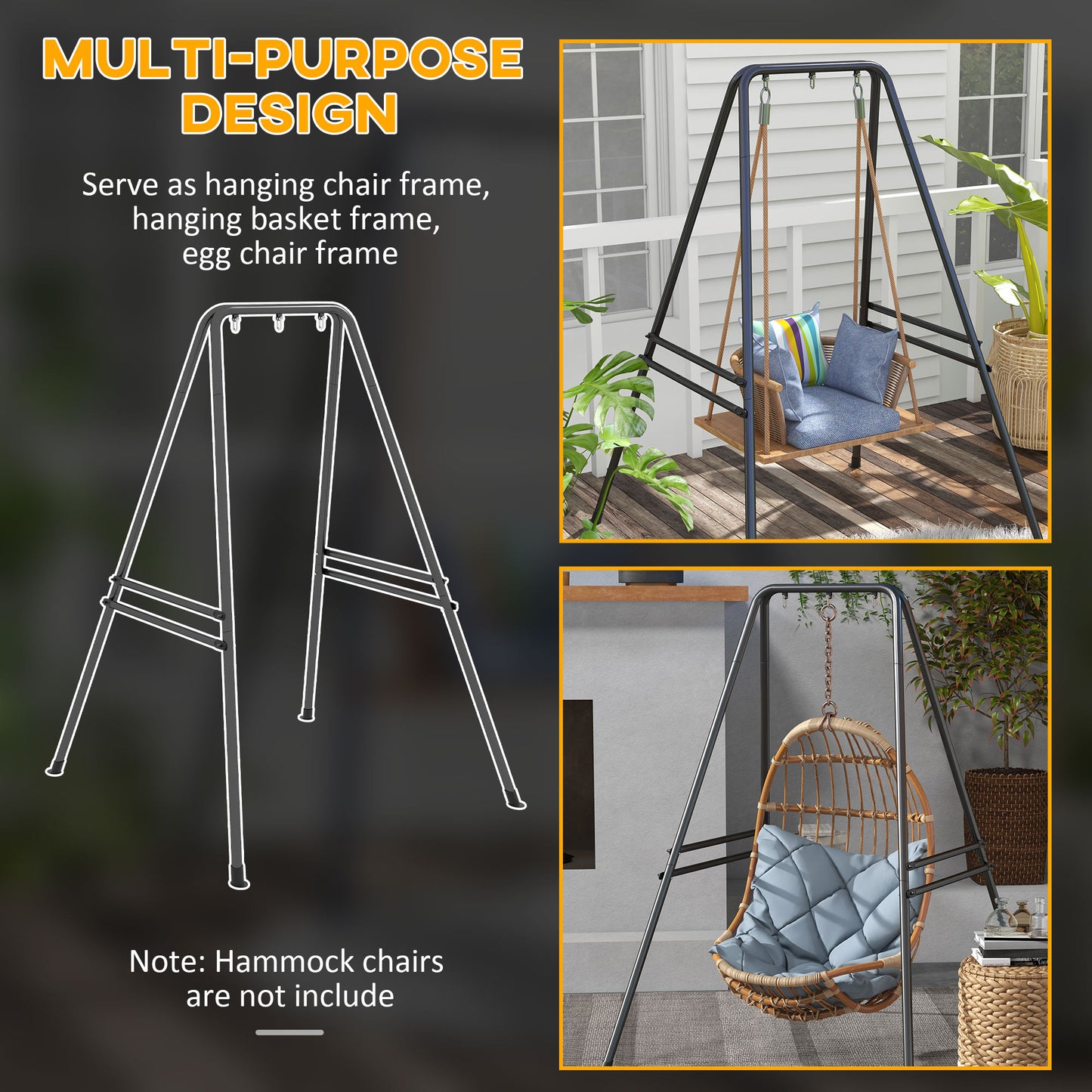Outsunny Hammock Chair Stand Heavy Duty Metal Frame for Hanging Chairs and Egg Chairs Black for Porch and Patio
