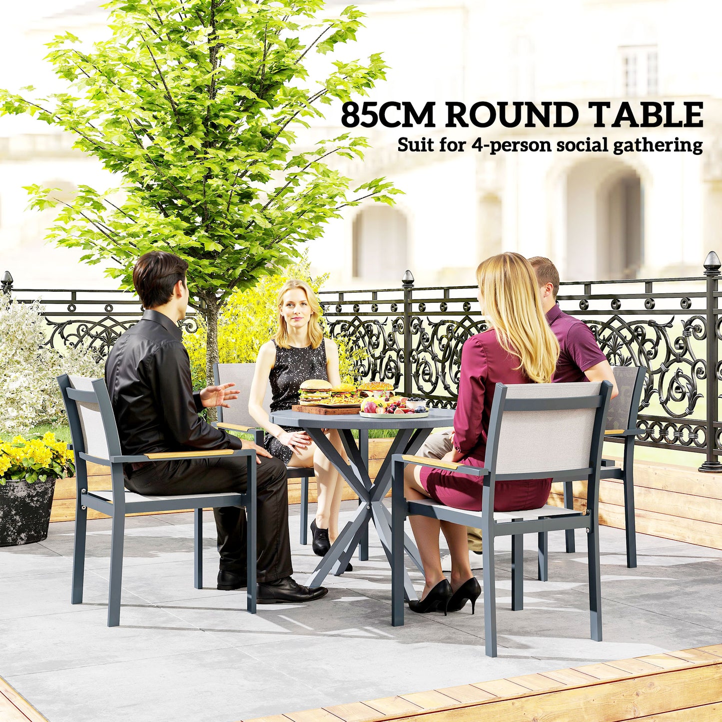 Outsunny 85cm Round Outdoor Dining Table With Steel Frame And Wood Effect Top For Balcony And Deck Dark Grey