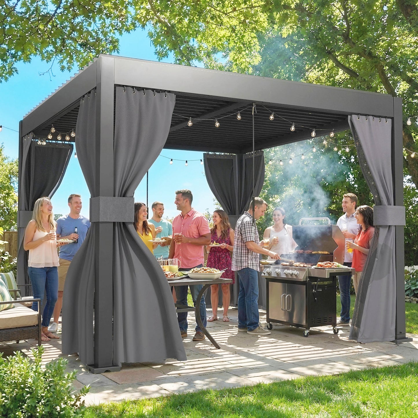 Outsunny 3x3 M Louvered Pergola With Adjustable Metal Roof Aluminum Patio Gazebo With Netting And Curtains Dark Grey