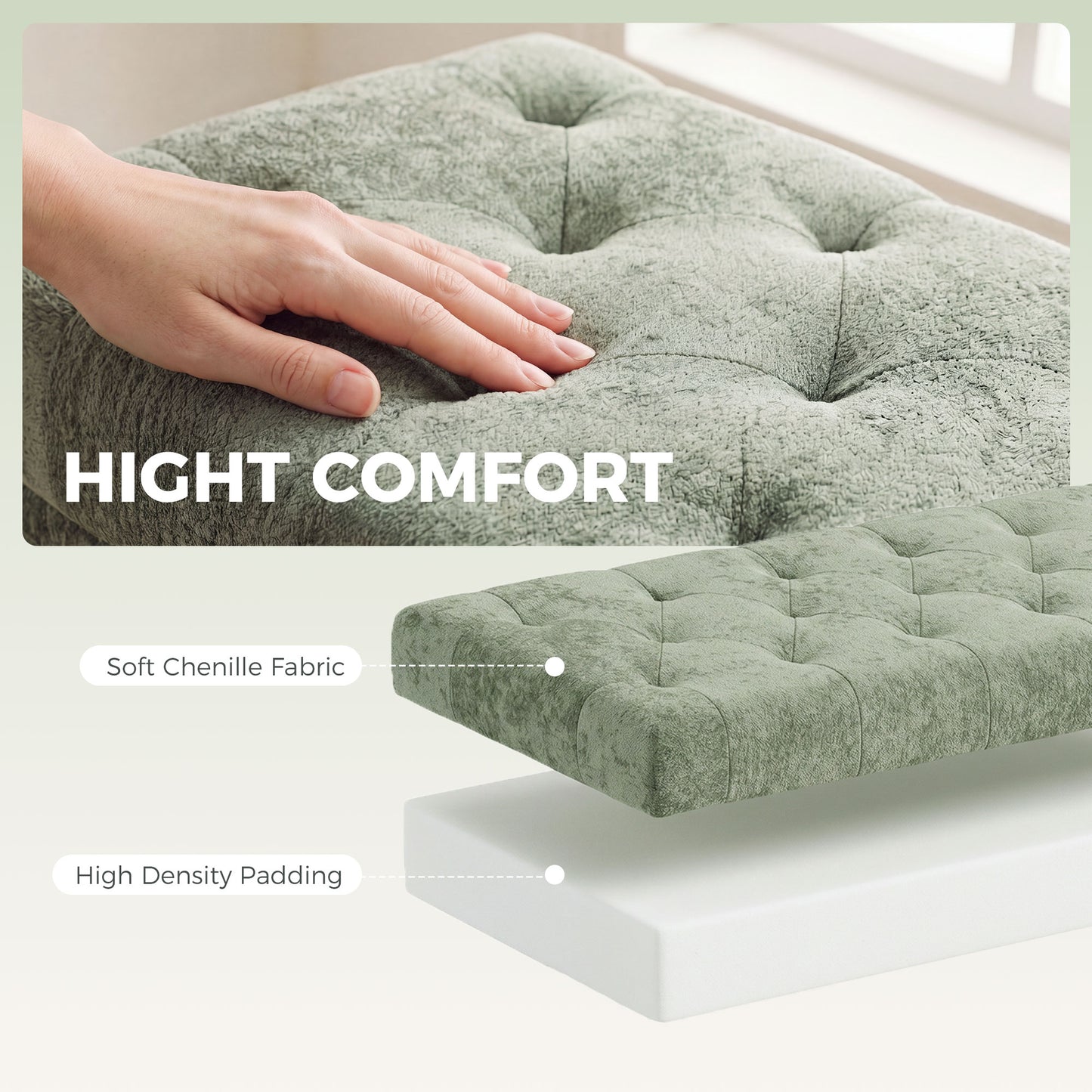 HOMCOM Storage Ottoman Chenille Upholstered Box With Padded Seat And Metal Legs Light Green 114x41x45 cm