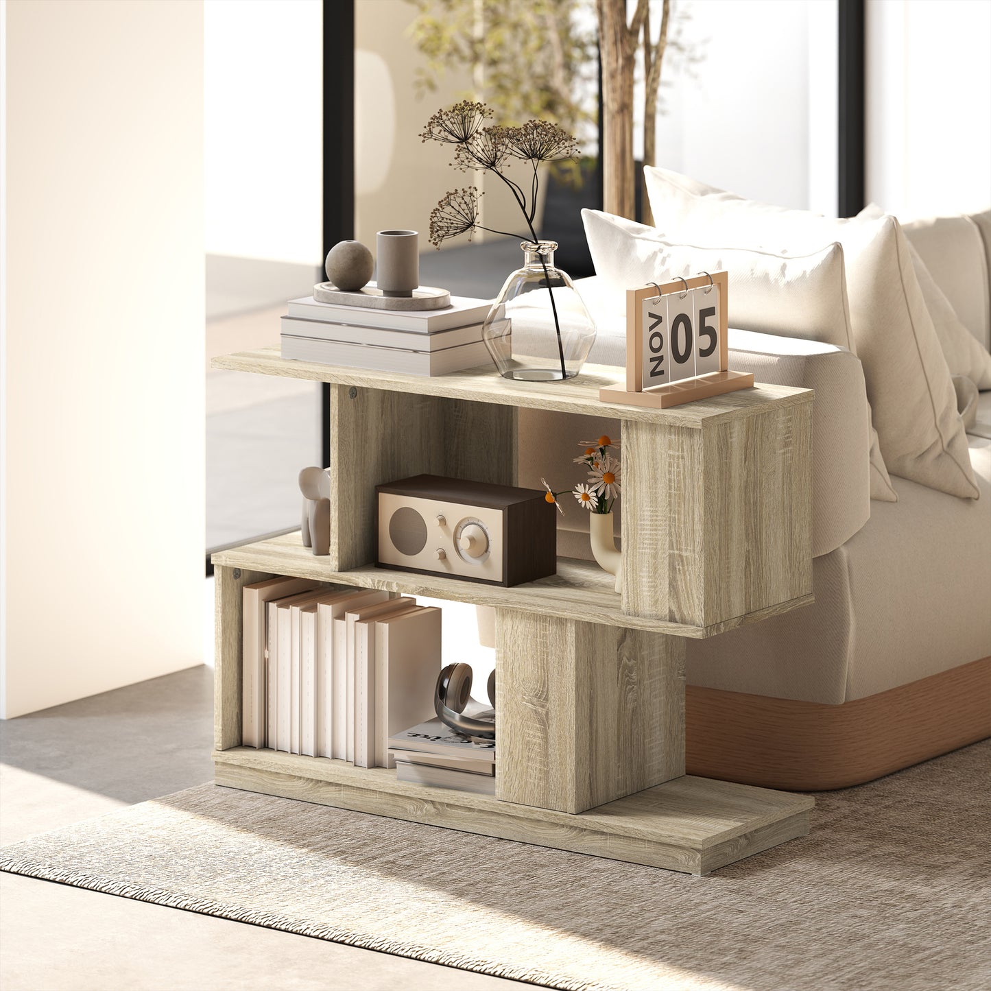 HOMCOM S Shaped Side Table Natural Wood Finish With Storage Compartments For Small Spaces
