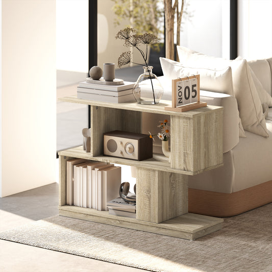 HOMCOM S Shaped Side Table Natural Wood Finish With Storage Compartments For Small Spaces