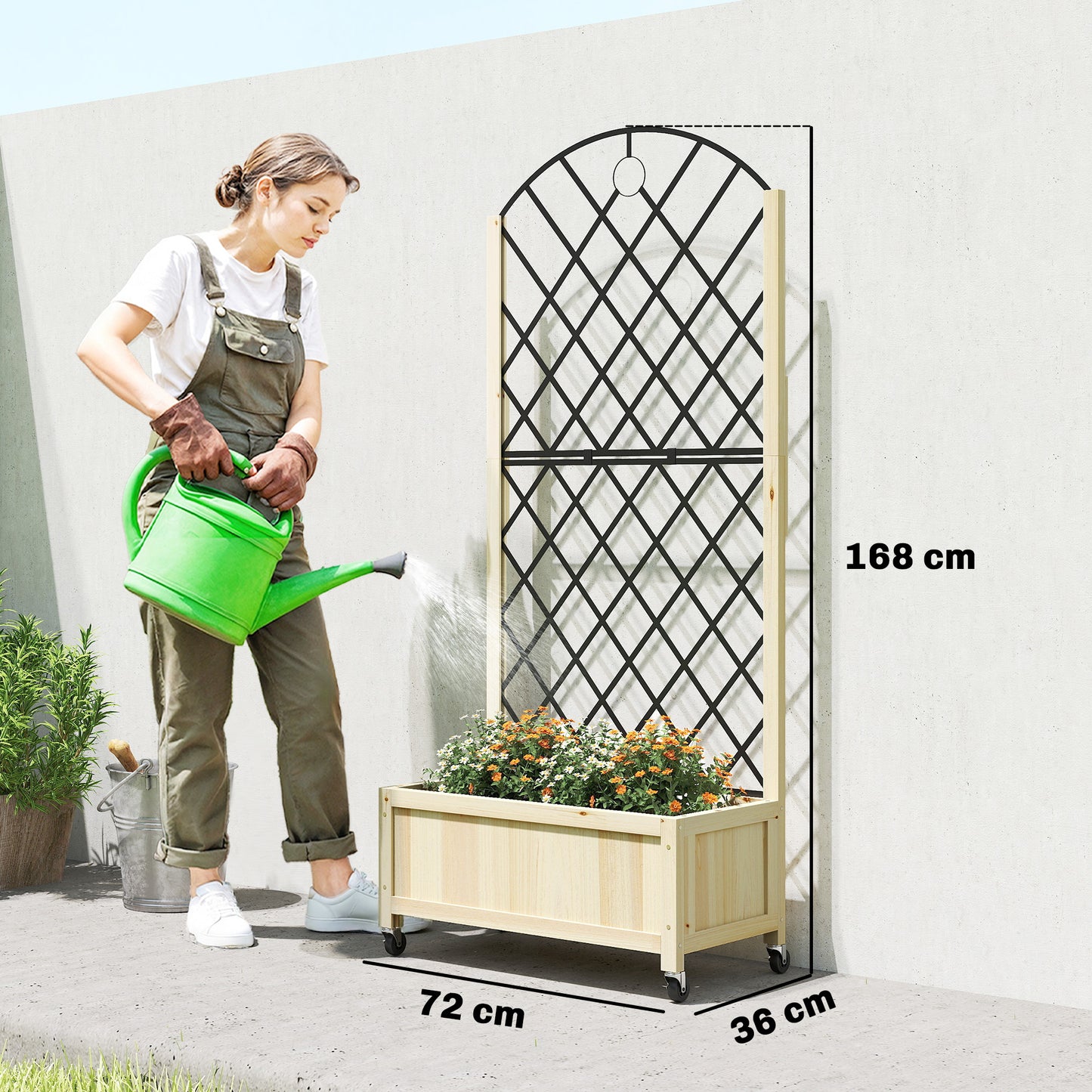 Outsunny Raised Garden Bed With Metal Trellis Wooden Elevated Planter Box On Lockable Wheels Outdoor Natural