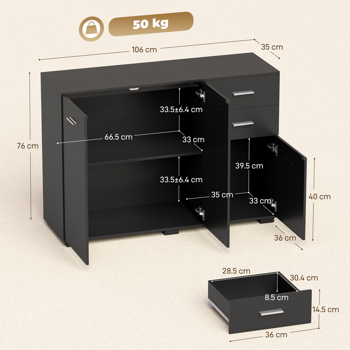 HOMCOM Modern Black Sideboard Storage Cabinet With 2 Drawers 3 Doors And Adjustable Shelves Flat Top