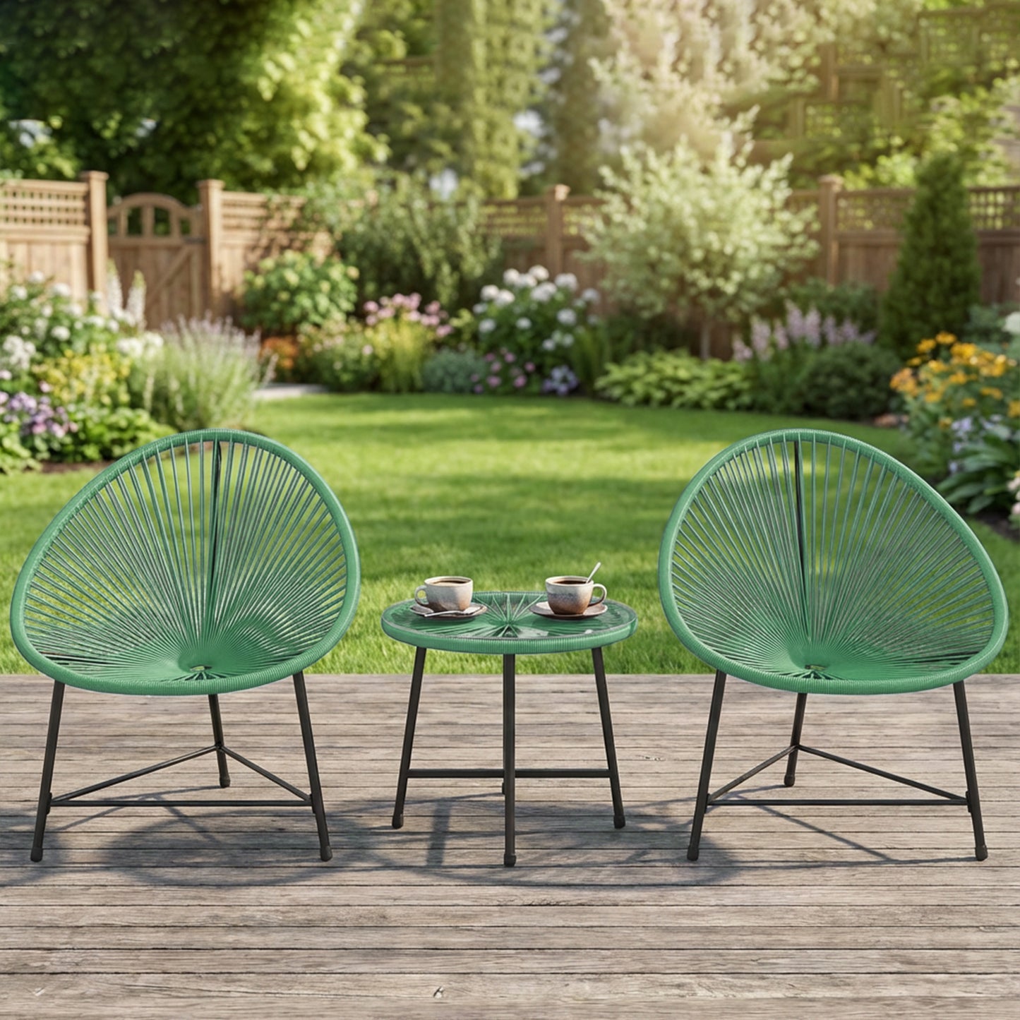 Outsunny Rattan Bistro Set with Acapulco Chairs and Glass Table in Green for Outdoor Patio Garden